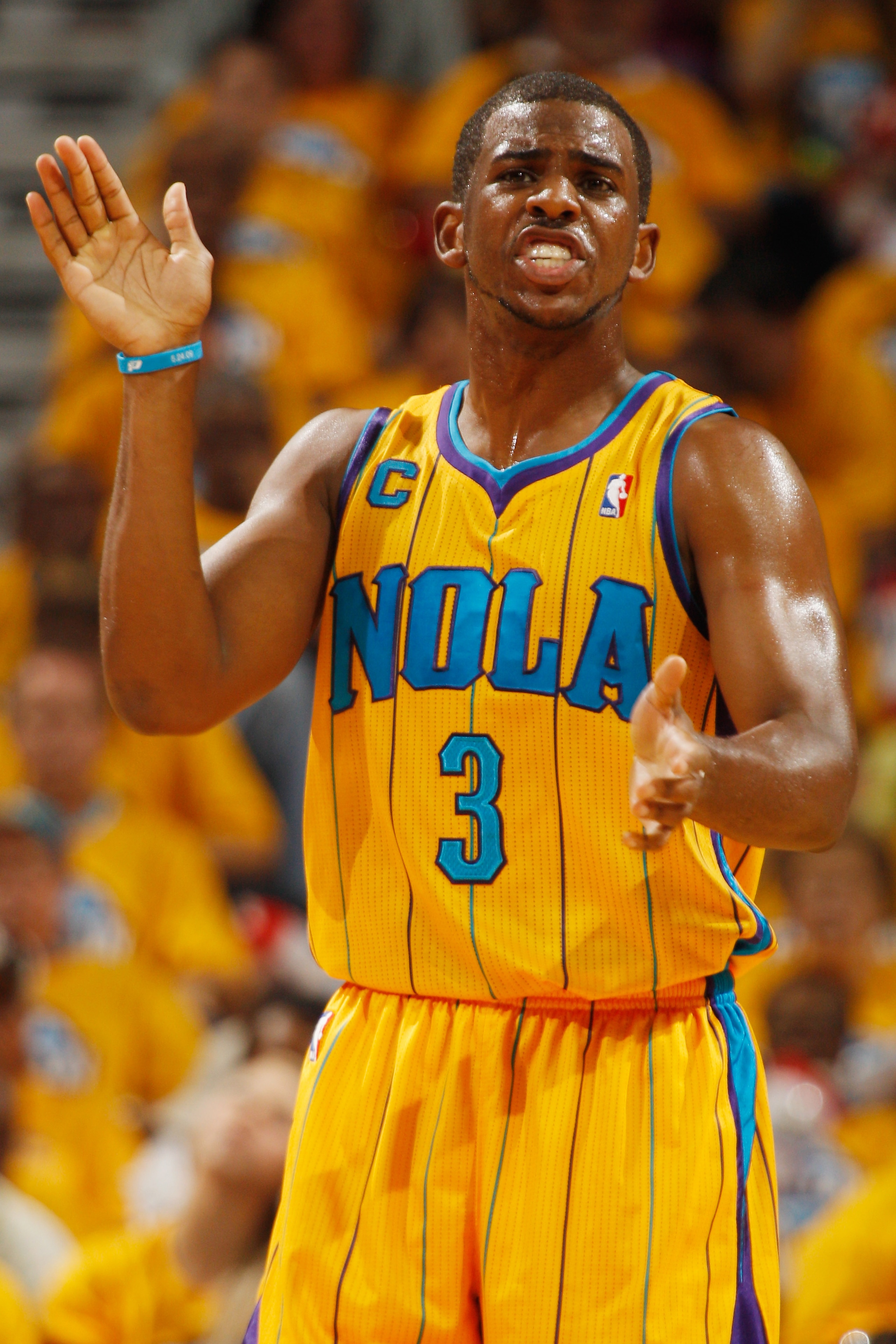 NEW ORLEANS, LA - APRIL 22: Chris Paul #3 of the New Orleans Hornets reacts during the game against the Los Angeles Lakers in Game Three of the Western Conference Quarterfinals in the 2011 NBA Playoffs at the New Orleans Arena on April 22, 2011 in New O NEW ORLEANS, LA - APRIL 22: Chris Paul #3 of the New Orleans Hornets reacts during the game against the Los Angeles Lakers in Game Three of the Western Conference Quarterfinals in the 2011 NBA Playoffs at the New Orleans Arena on April 22, 2011 in New O