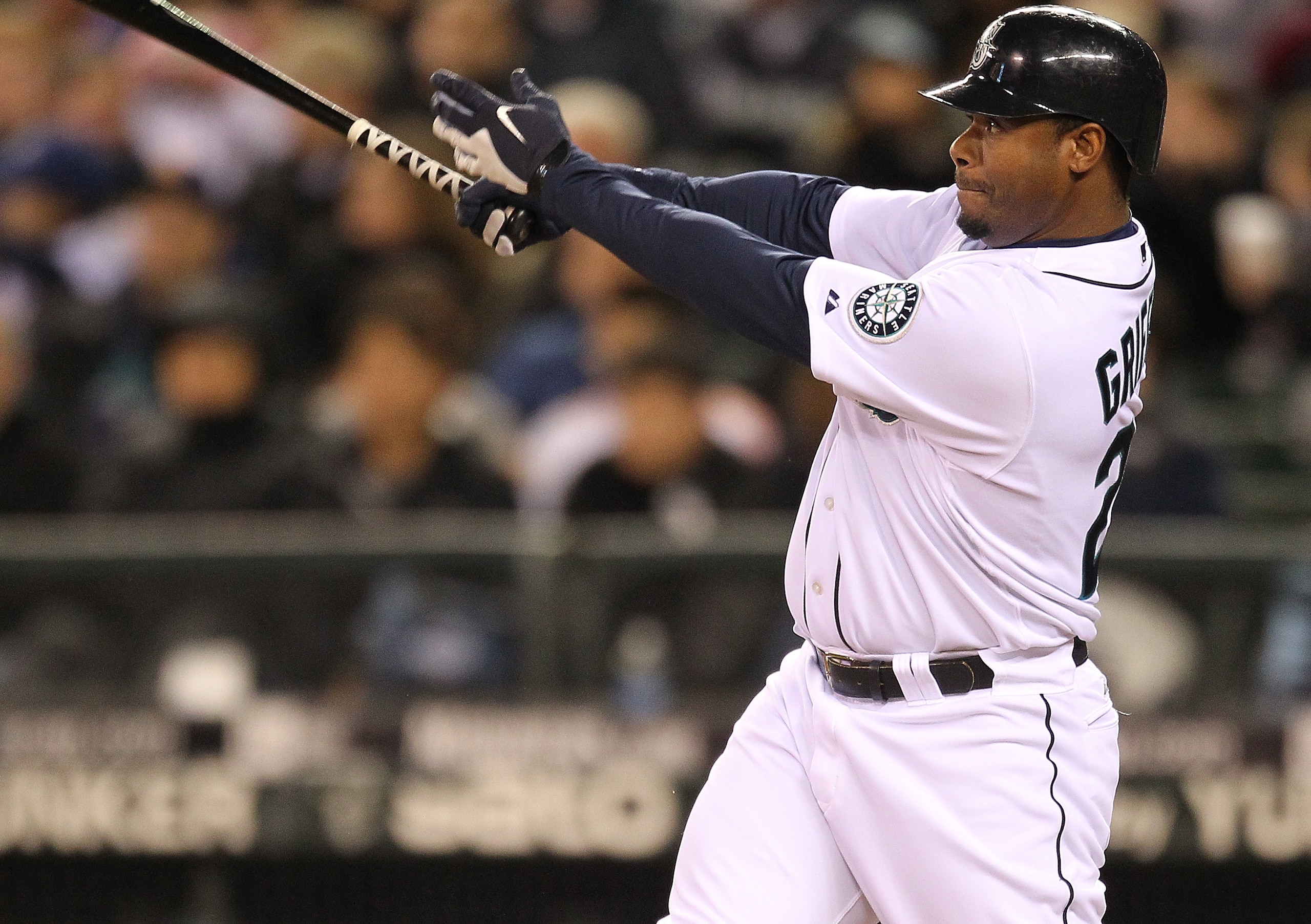 SEATTLE - APRIL 20:  Ken Griffey Jr. #24 of the Seattle Mariners singles against the Baltimore Orioles at Safeco Field on April 20, 2010 in Seattle, Washington. (Photo by Otto Greule Jr/Getty Images)