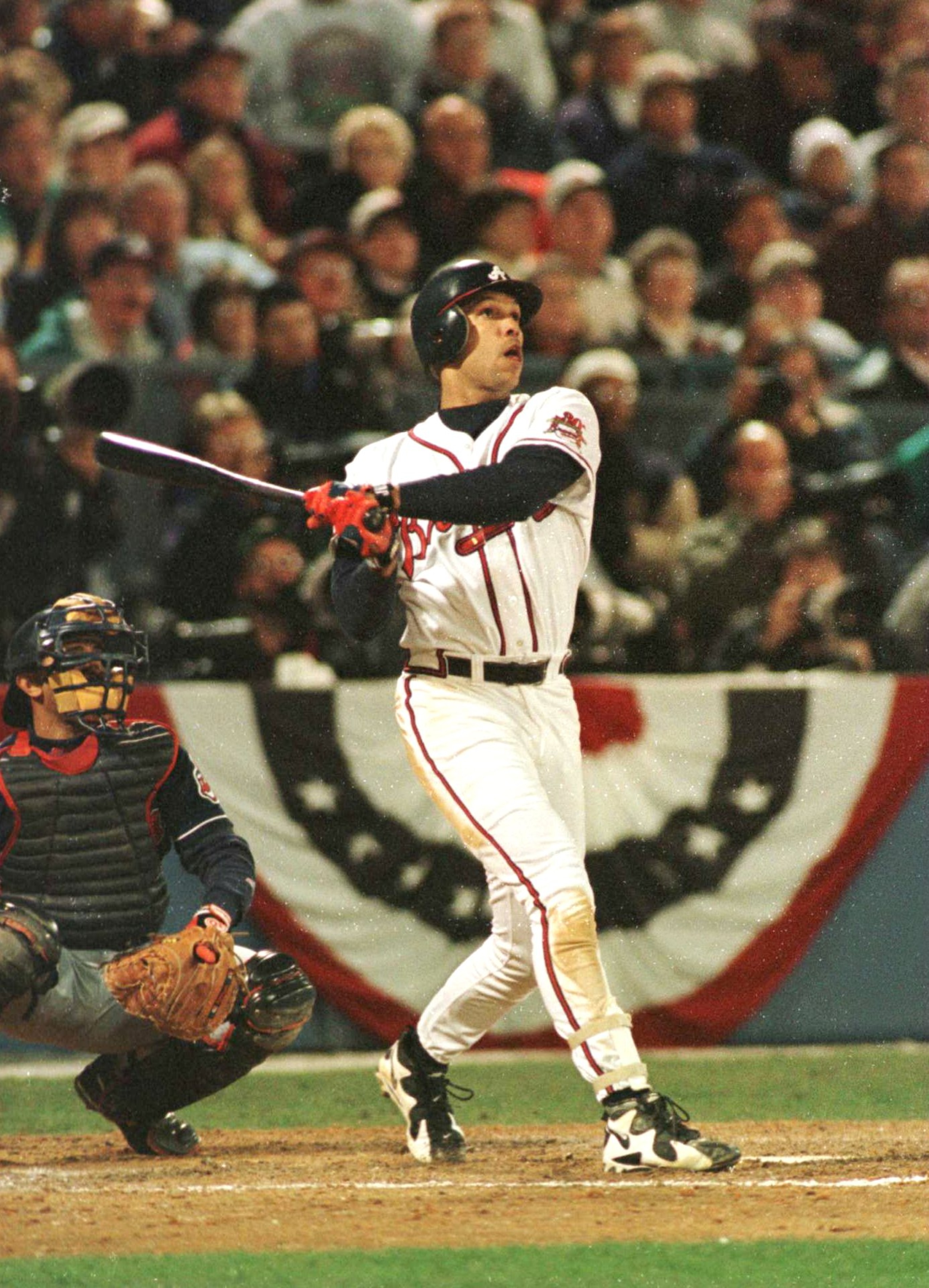 28 Oct 1995:  David Justice of the Atlanta Braves watches his game winning home run sail over the right field wall in the 6th inning of game 6 of the World Series at Fulton County Stadium in Atlanta, Georgia.  The Braves defeated the Indians 1-0 to take t