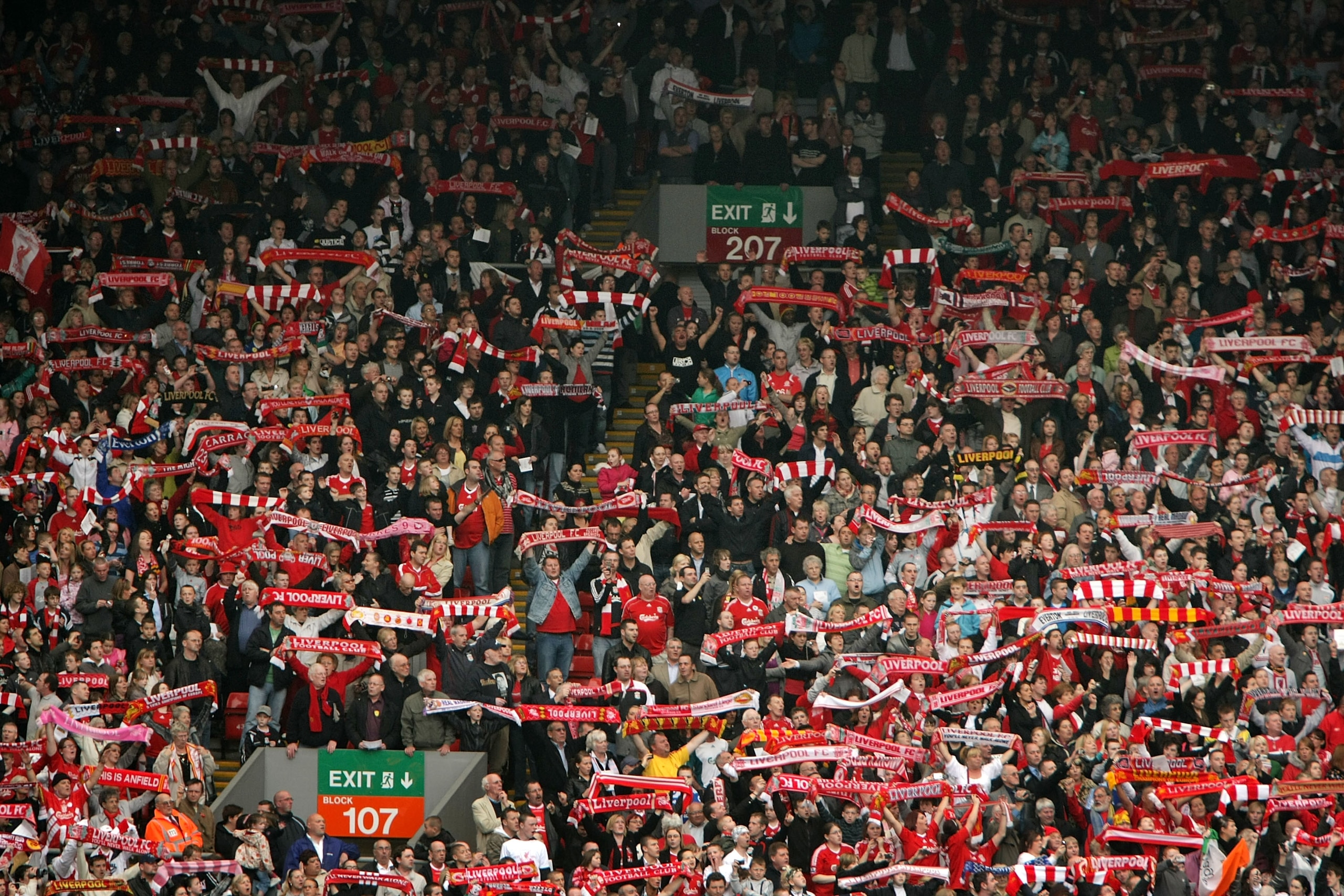 LIVERPOOL, ENGLAND - APRIL 15:  The Liverpool Kop End sing 'You'll Never Walk Alone' during the Hillsborough memorial at Anfield on April 15, 2009, Liverpool, England.  Thousands of fans, friends and relatives descended on Liverpool's Anfield Stadium to m