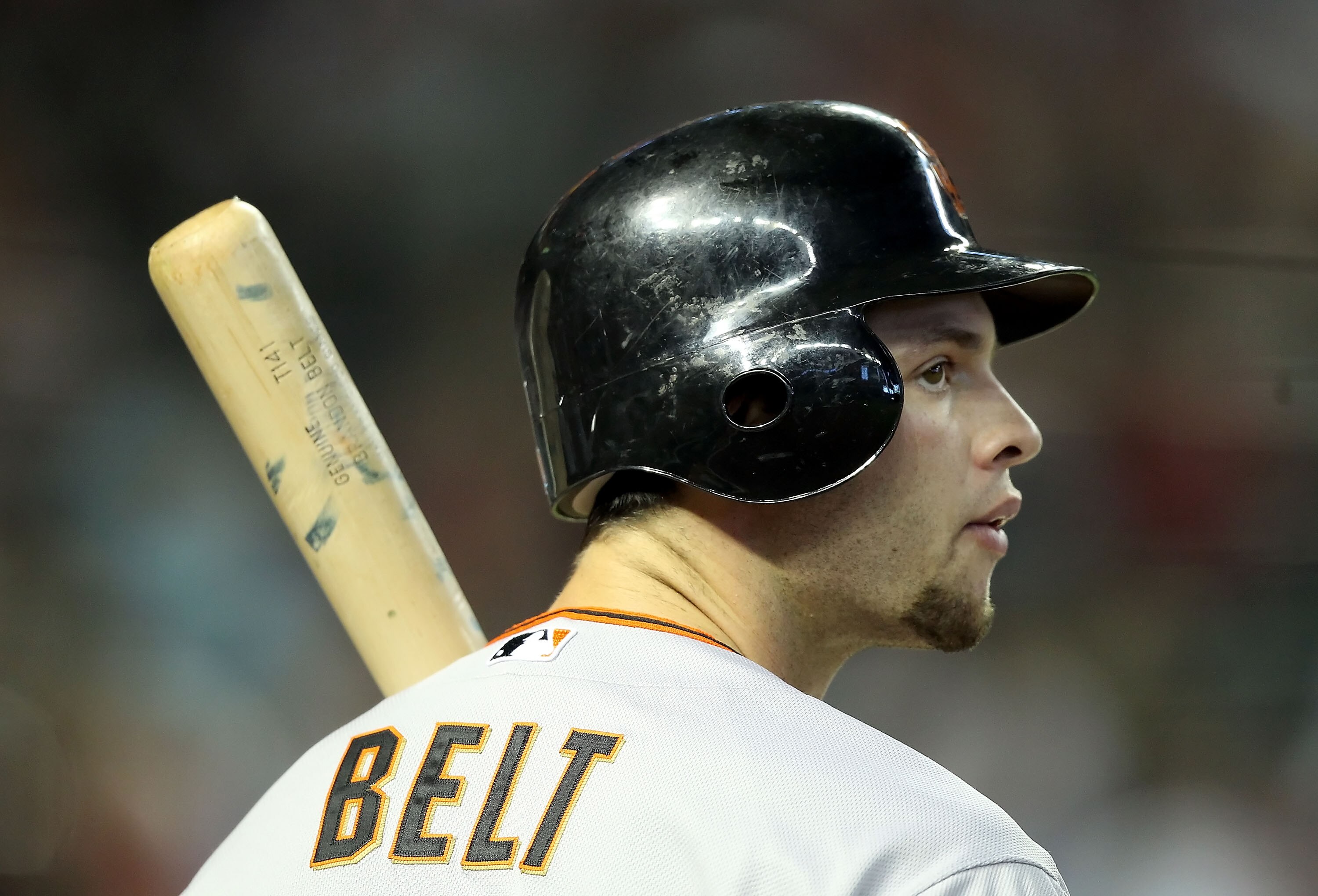 PHOENIX, AZ - APRIL 17:  Brandon Belt #9 of the San Francisco Giants at bat during the Major League Baseball game against the Arizona Diamondbacks at Chase Field on April 17, 2011 in Phoenix, Arizona. The Diamondbacks defeated the Giants 6-5 in the twelft