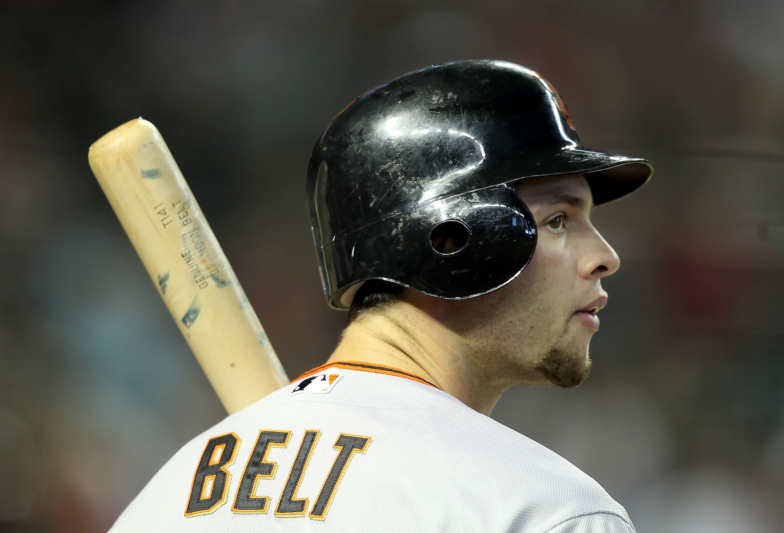 PHOENIX, AZ - APRIL 17: Brandon Belt #9 of the San Francisco Giants at bat during the Major League Baseball game against the Arizona Diamondbacks at Chase Field on April 17, 2011 in Phoenix, Arizona. The Diamondbacks defeated the Giants 6-5 in the twelft PHOENIX, AZ - APRIL 17: Brandon Belt #9 of the San Francisco Giants at bat during the Major League Baseball game against the Arizona Diamondbacks at Chase Field on April 17, 2011 in Phoenix, Arizona. The Diamondbacks defeated the Giants 6-5 in the twelft