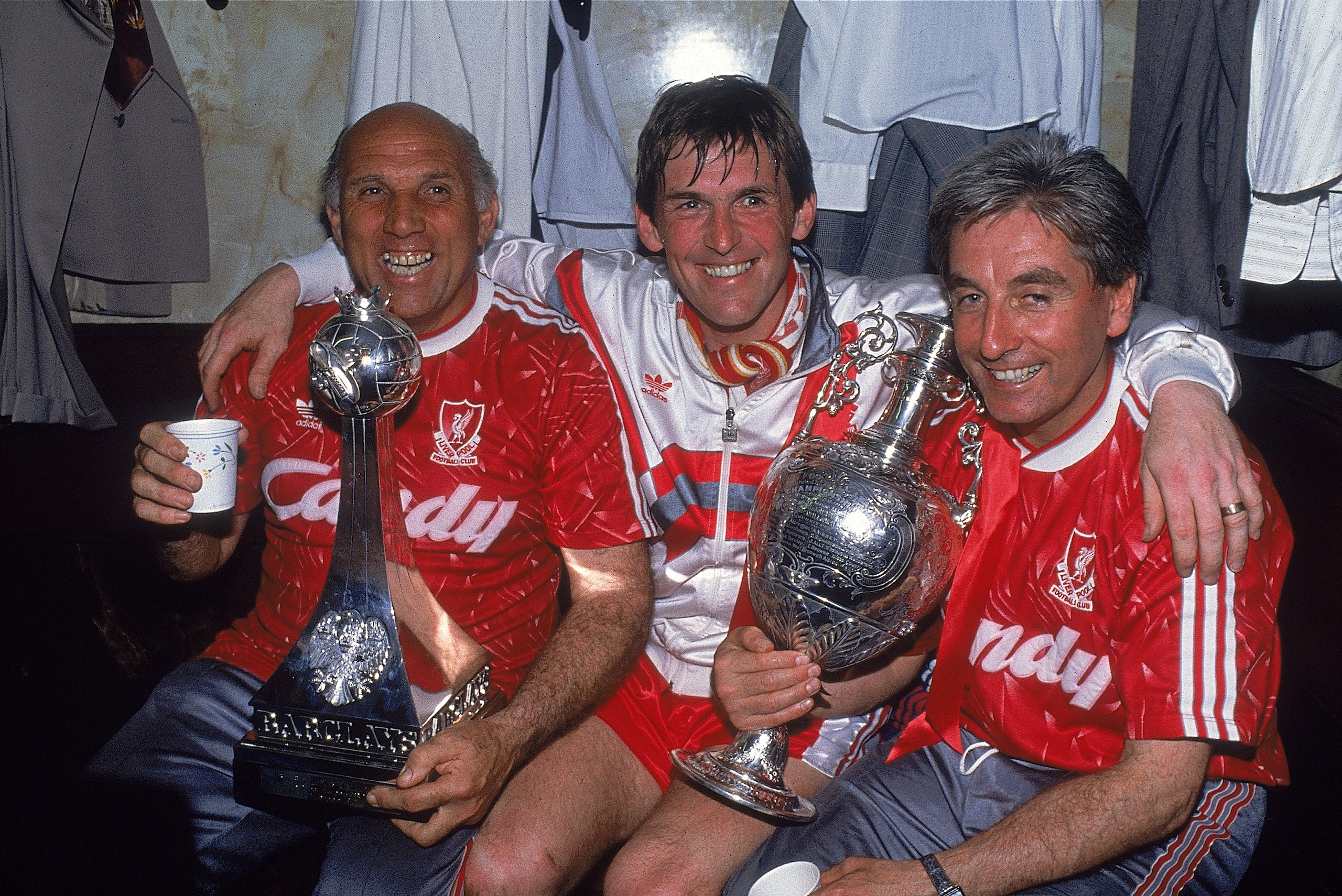 1 May 1990:  Liverpool Manager Kenny Dalglish and assistants Ronnie Moran (left) and Roy Evans hold the Barclays League Division One Champions Trophies after the match against Derby County at Anfield in Liverpool, England. Liverpool won the match 1-0. \ M