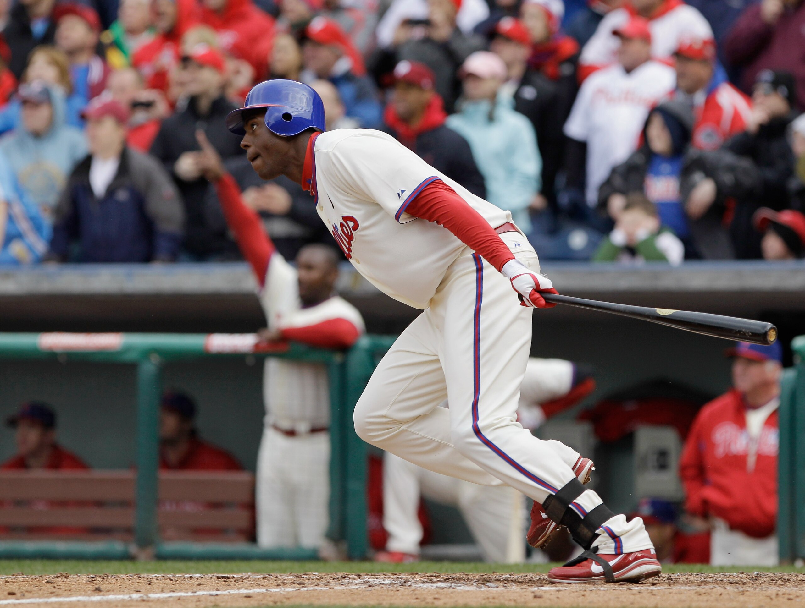 PHILADELPHIA, PA - APRIL 01: John Mayberry Jr. #15 of the Philadelphia Phillies follows his game winning single to defeat the Houston Astros 5-4 during the ninth inning at Citizens Bank Park on April 1, 2011 in Philadelphia, Pennsylvania. (Photo by Rob C PHILADELPHIA, PA - APRIL 01: John Mayberry Jr. #15 of the Philadelphia Phillies follows his game winning single to defeat the Houston Astros 5-4 during the ninth inning at Citizens Bank Park on April 1, 2011 in Philadelphia, Pennsylvania. (Photo by Rob C