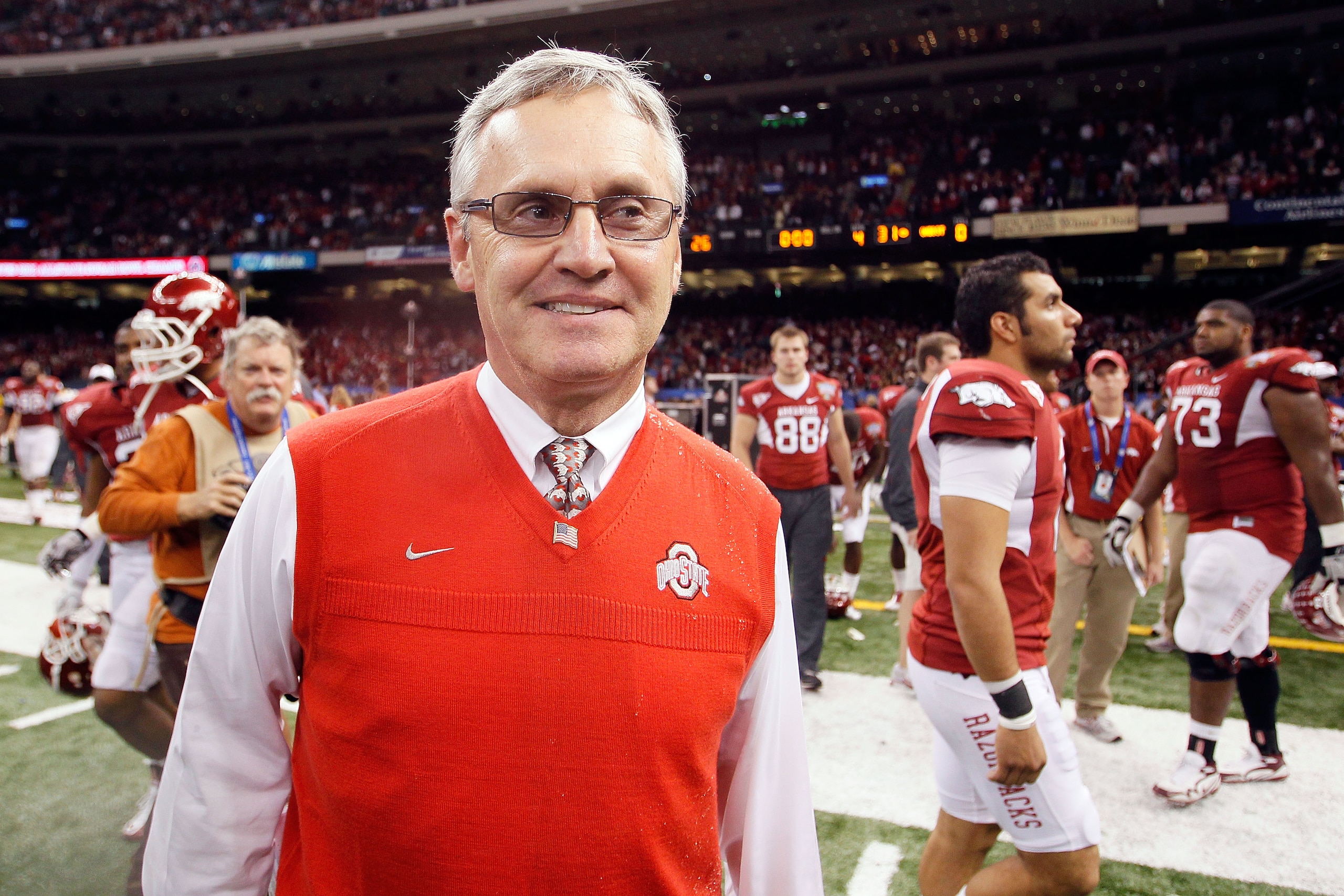 NEW ORLEANS, LA - JANUARY 04:  Head coach Jim Tressel of the Ohio State Buckeyes smiles after the Buckeyes 31-26 victory against the Arkansas Razorbacks during the Allstate Sugar Bowl at the Louisiana Superdome on January 4, 2011 in New Orleans, Louisiana