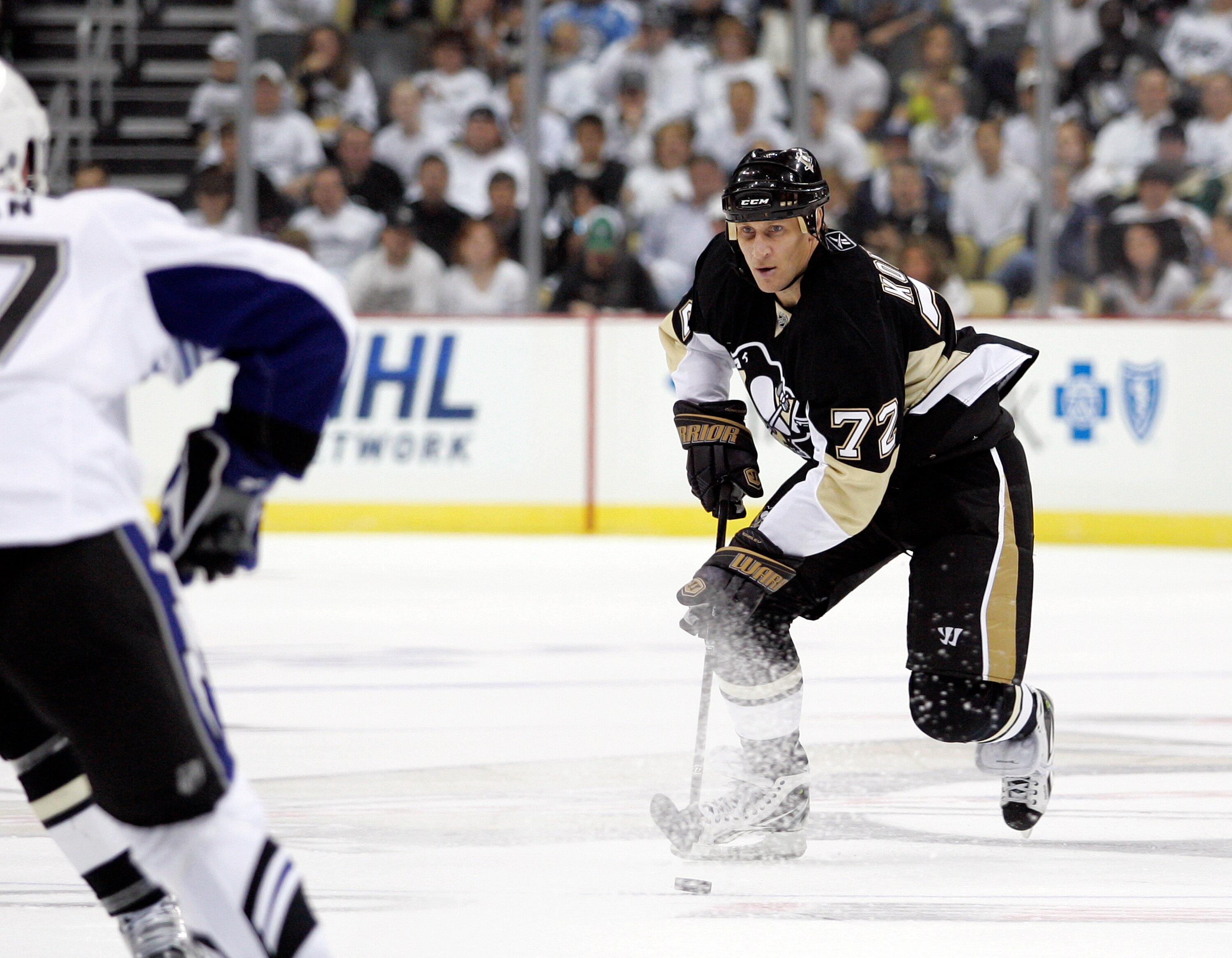 PITTSBURGH, PA - APRIL 13: Alexei Kovalev #72 of the Pittsburgh Penguins handles the puck against the Tampa Bay Lightning in Game One of the Eastern Conference Quarterfinals during the 2011 NHL Stanley Cup Playoffs at Consol Energy Center on April 13, 201
