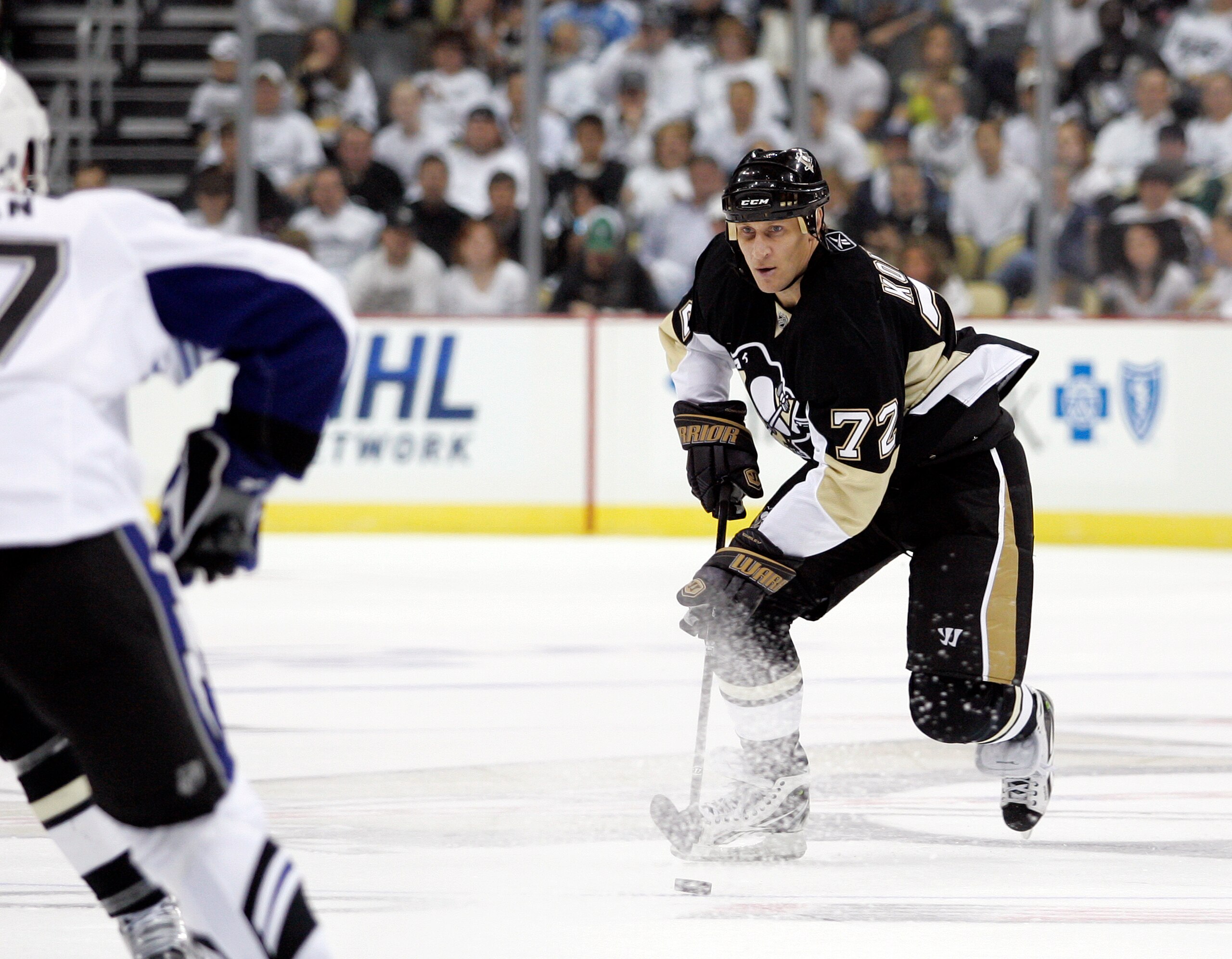 PITTSBURGH, PA - APRIL 13: Alexei Kovalev #72 of the Pittsburgh Penguins handles the puck against the Tampa Bay Lightning in Game One of the Eastern Conference Quarterfinals during the 2011 NHL Stanley Cup Playoffs at Consol Energy Center on April 13, 201