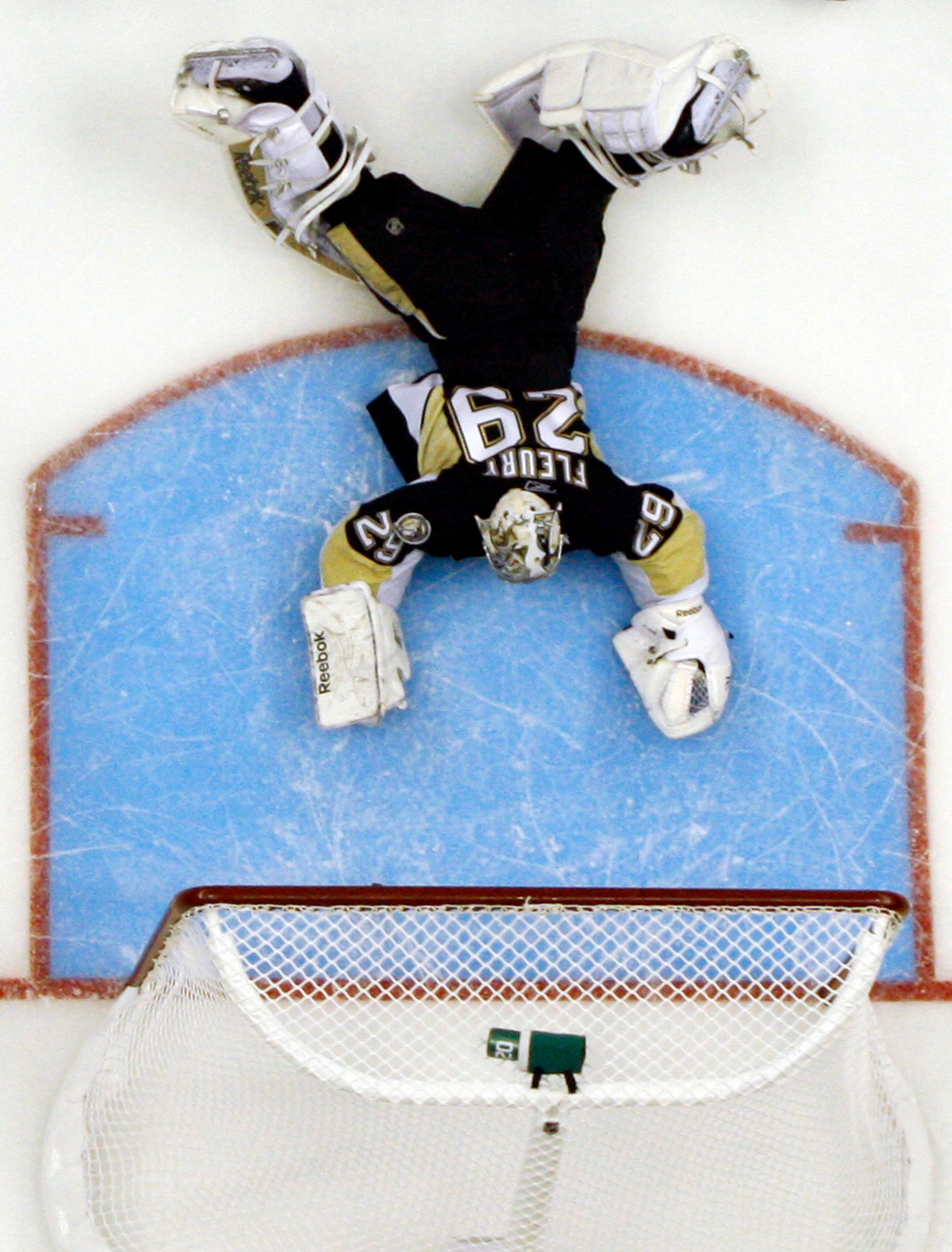 PITTSBURGH, PA - APRIL 23:  Marc-Andre Fleury #29 of the Pittsburgh Penguins lies dejected after giving up a goal against the Tampa Bay Lightning in Game Five of the Eastern Conference Quarterfinals during the 2011 NHL Stanley Cup Playoffs at Consol Energ