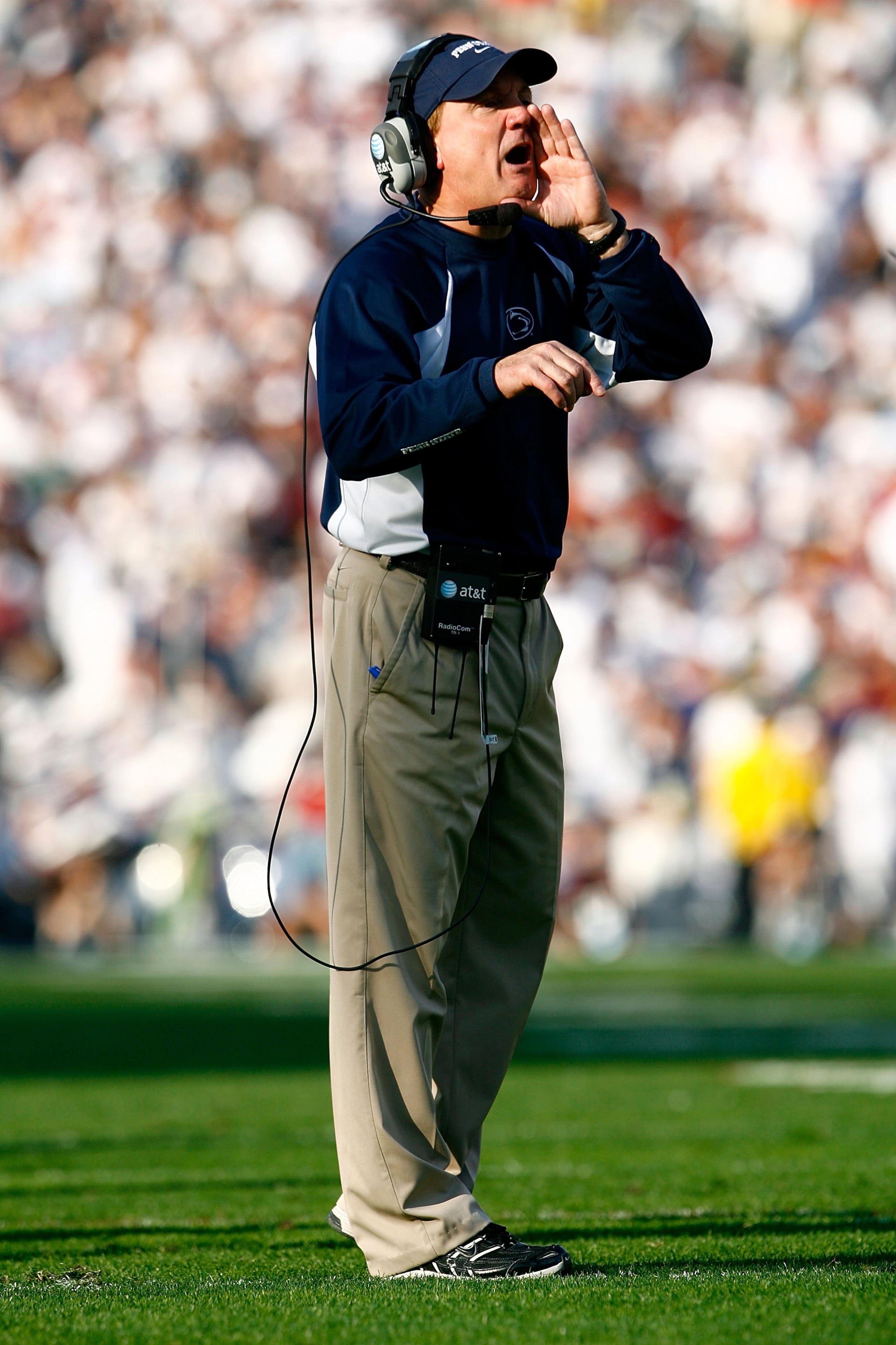 PASADENA, CA - JANUARY 01:  Assistant coach Tom Bradley of the Penn State Nittany Lions calls a play during the 95th Rose Bowl Game presented by Citi against the USC Trojans on January 1, 2009 at the Rose Bowl in Pasadena, California.  (Photo by Jeff Gros