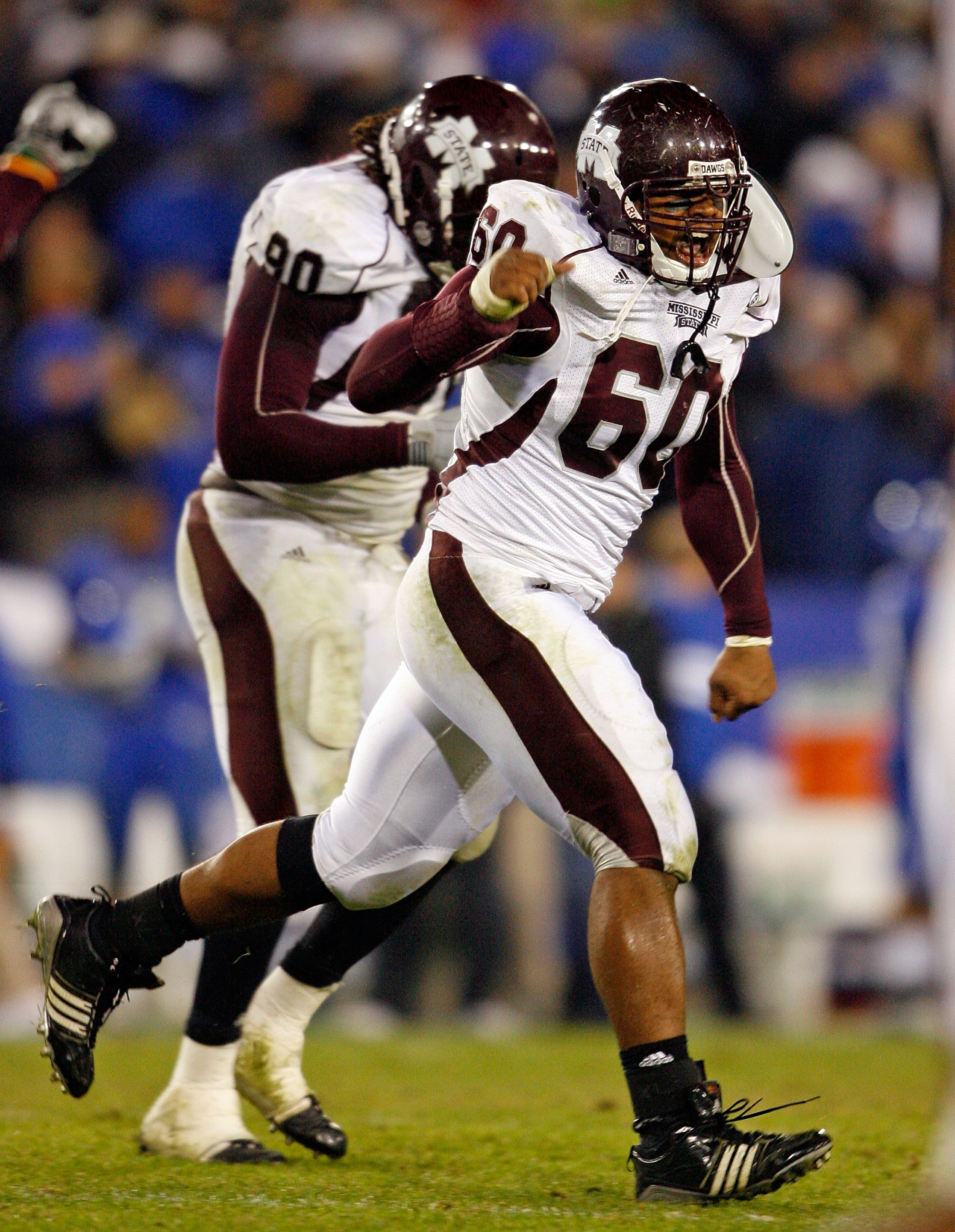 LEXINGTON, KY - OCTOBER 31: Devin Jones #60 of the Mississippi State Bulldogs celebrates after stopping the Kentucky Wildcats on fourth down on their last series of the game at Commonwealth Stadium on October 31, 2009 in Lexington, Kentucky. (Photo by LEXINGTON, KY - OCTOBER 31: Devin Jones #60 of the Mississippi State Bulldogs celebrates after stopping the Kentucky Wildcats on fourth down on their last series of the game at Commonwealth Stadium on October 31, 2009 in Lexington, Kentucky. (Photo by