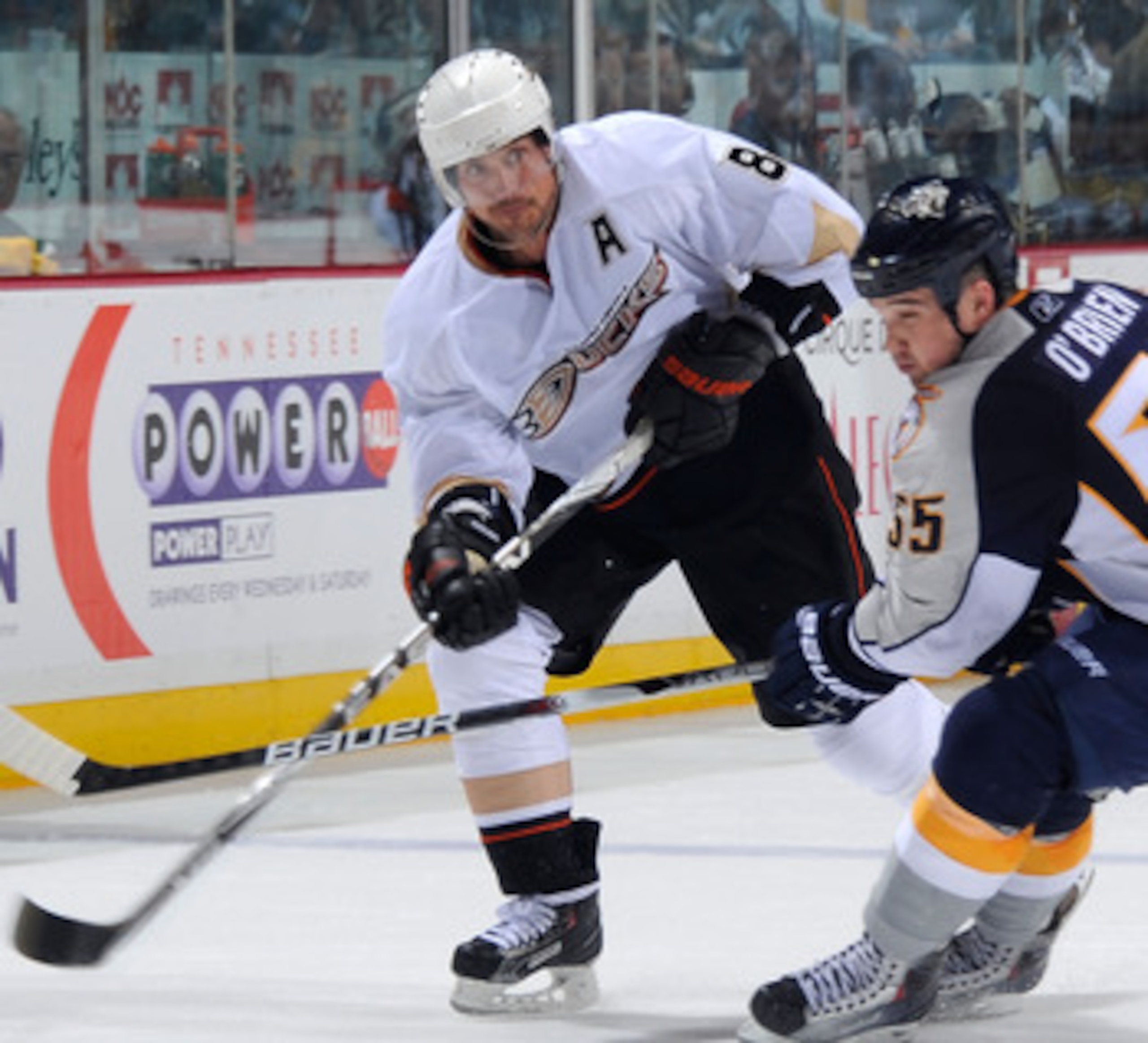 NASHVILLE, TN - APRIL 20:  Teemu Selanne #8 of the Anaheim Ducks skates against Shane O'Brien #55 of the Nashville Predators in Game Four of the Western Conference Quarterfinals during the 2011 NHL Stanley Cup Playoffs at Bridgestone Arena on April 20, 20