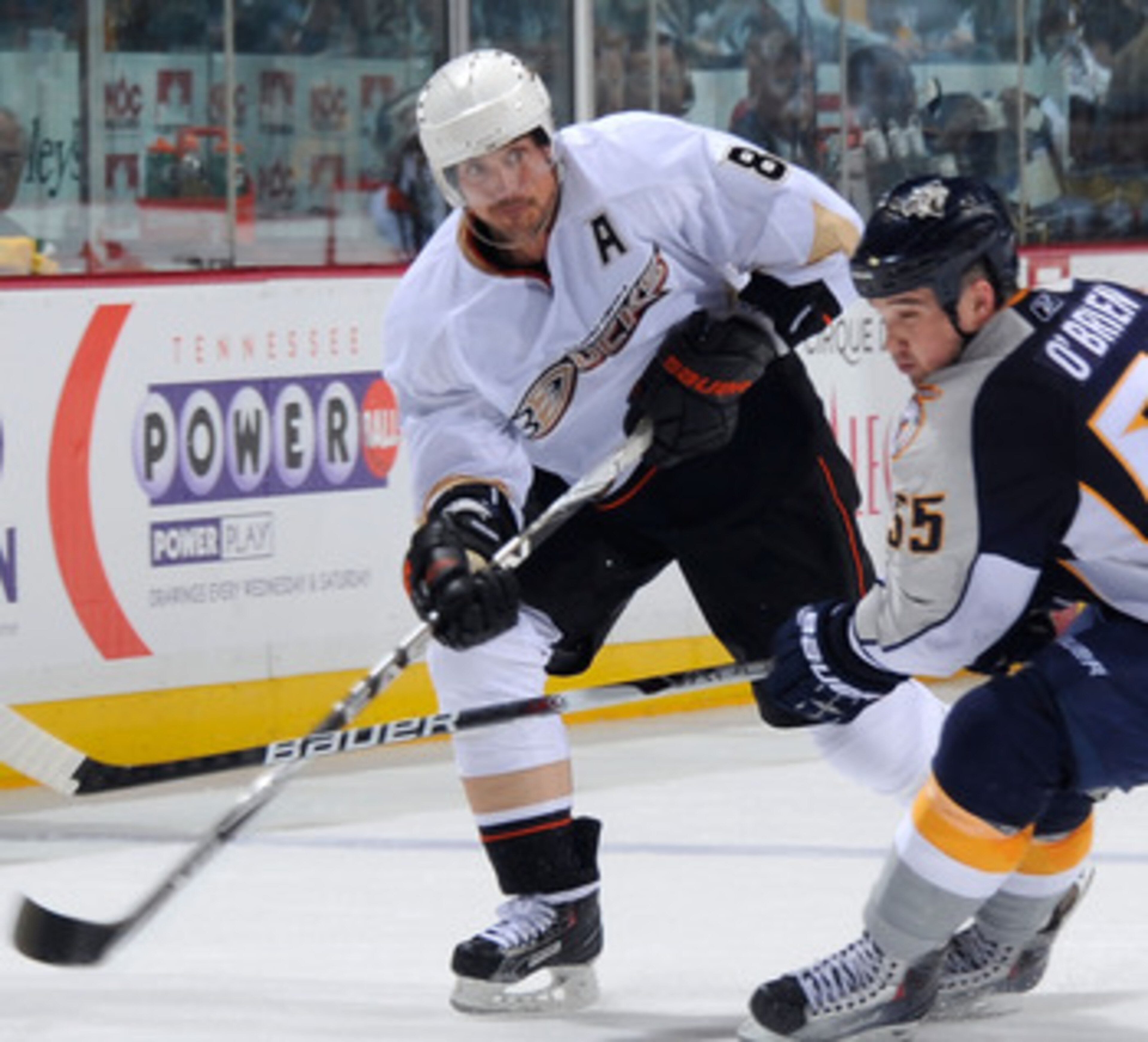 NASHVILLE, TN - APRIL 20:  Teemu Selanne #8 of the Anaheim Ducks skates against Shane O'Brien #55 of the Nashville Predators in Game Four of the Western Conference Quarterfinals during the 2011 NHL Stanley Cup Playoffs at Bridgestone Arena on April 20, 20