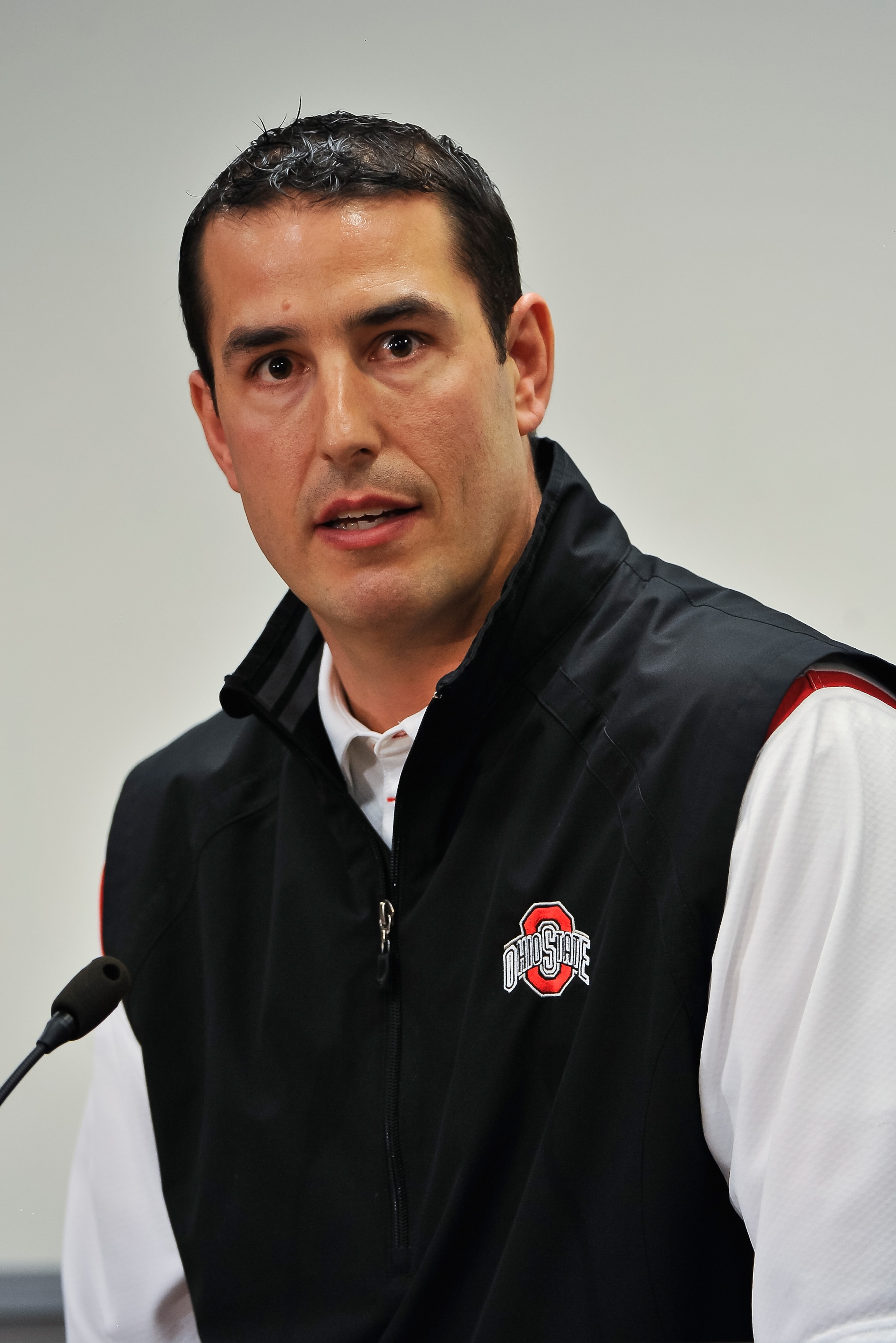 COLUMBUS, OH - MARCH 30:  Assistant Head Coach Luke Fickell speaks to the media during a press conference before the start of Spring practices at the Woody Hayes Athletic Center at The Ohio State University on March 30, 2011 in Columbus, Ohio. Fickell wil