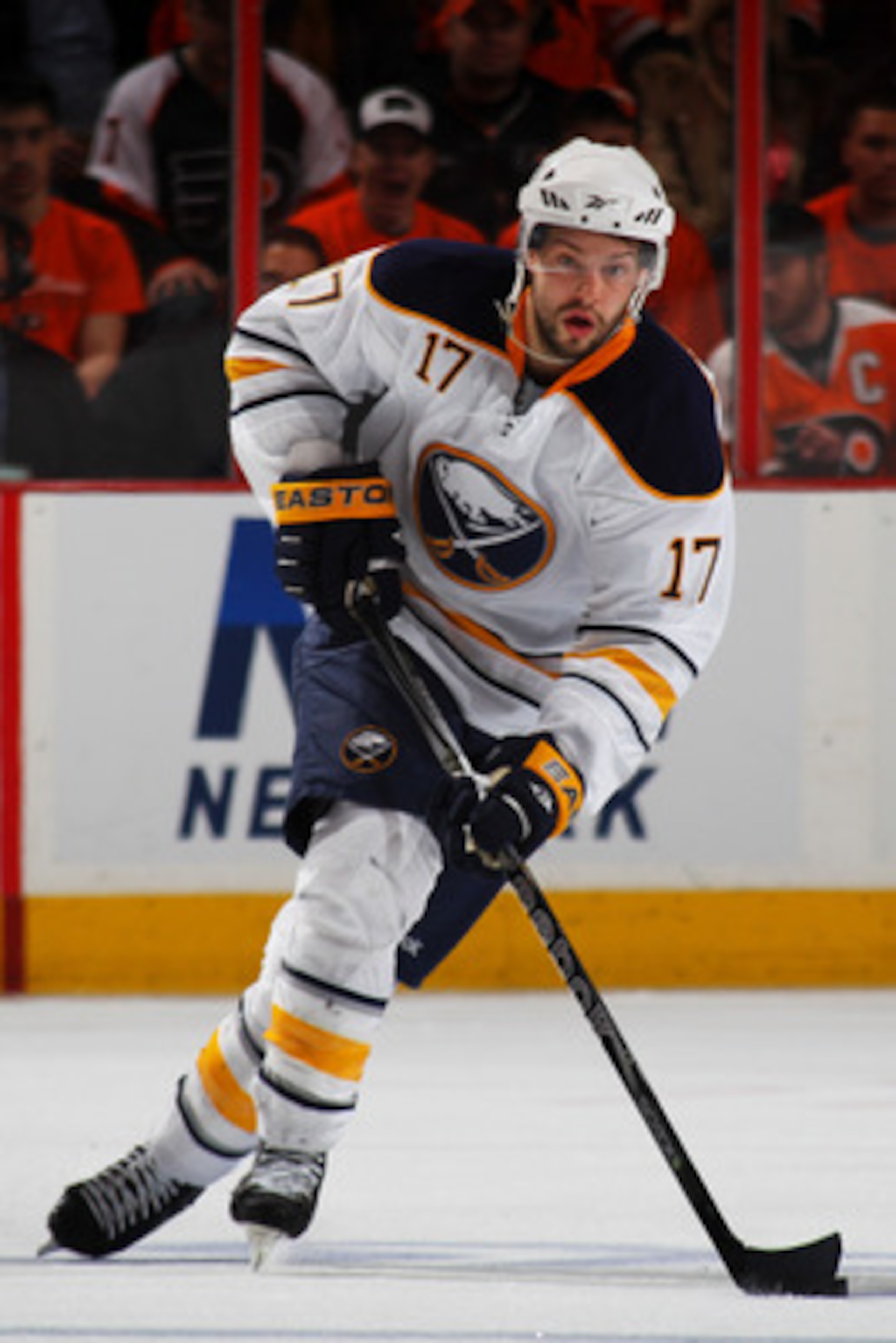 PHILADELPHIA, PA - APRIL 22:  Marc-Andre Gragnani #17 of the Buffalo Sabres controls the puck against the Philadelphia Flyers in Game Five of the Eastern Conference Quarterfinals during the 2011 NHL Stanley Cup Playoffs at Wells Fargo Center on April 22, 