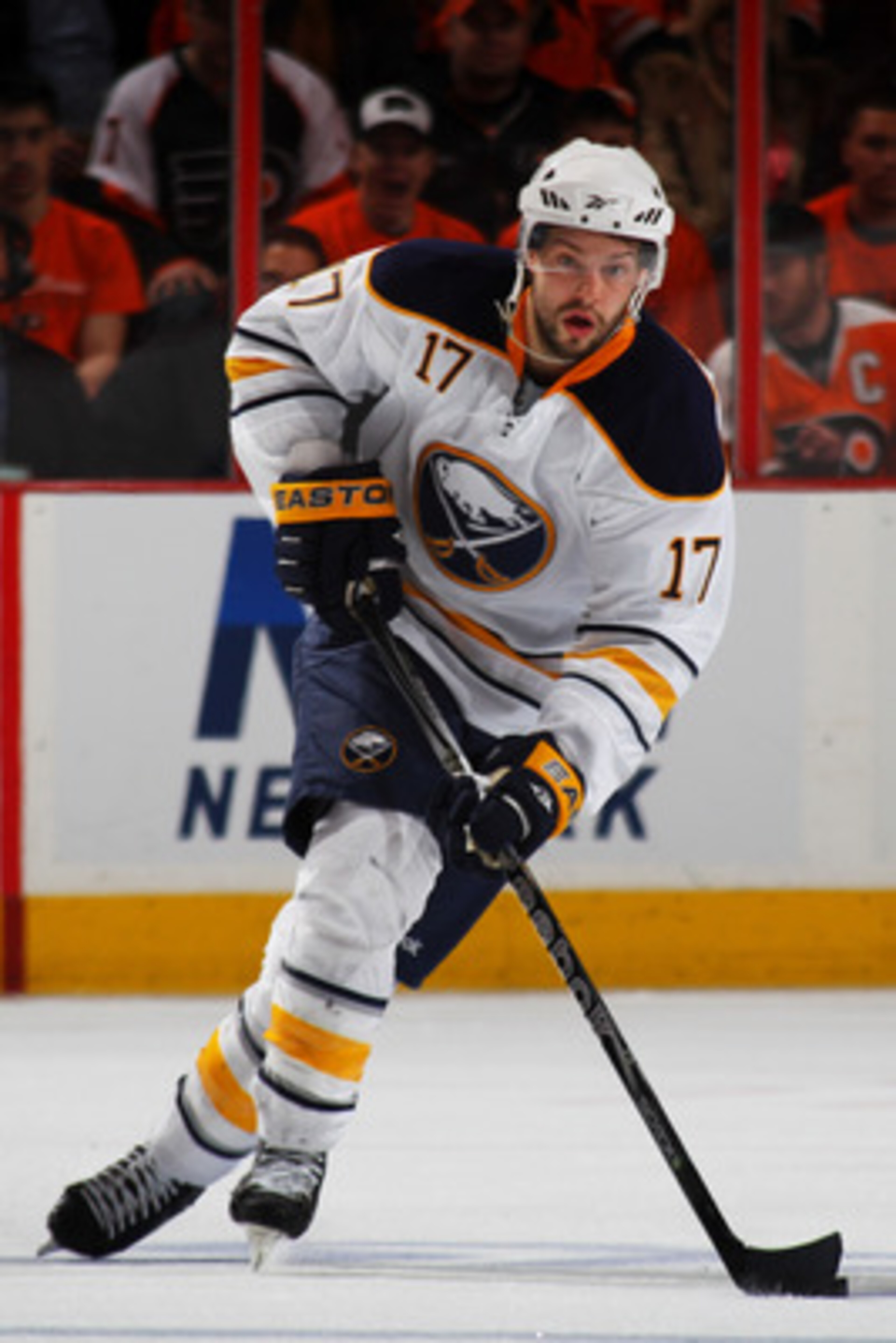 PHILADELPHIA, PA - APRIL 22:  Marc-Andre Gragnani #17 of the Buffalo Sabres controls the puck against the Philadelphia Flyers in Game Five of the Eastern Conference Quarterfinals during the 2011 NHL Stanley Cup Playoffs at Wells Fargo Center on April 22, 