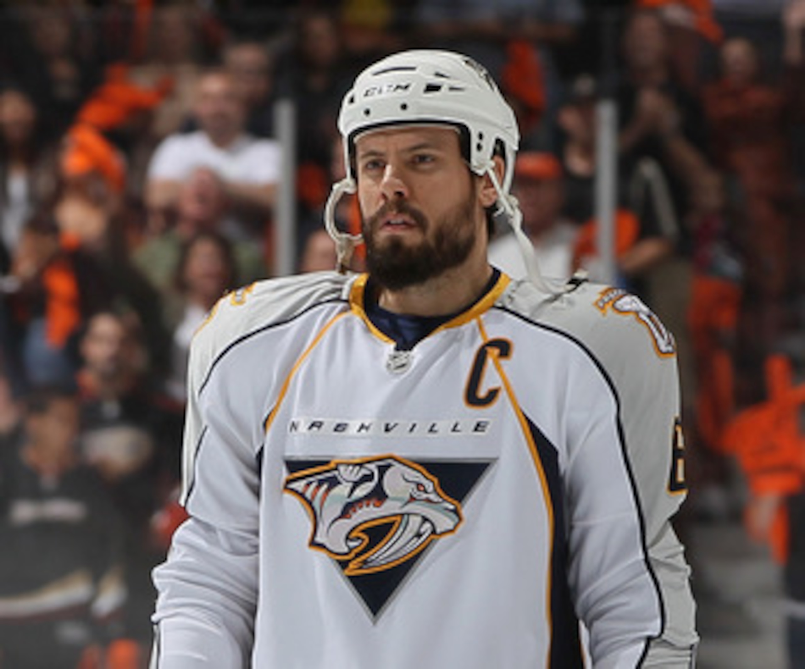 ANAHEIM, CA - APRIL 15:  Shea Weber #6 of the Nashville Predators looks on prior to the start of Game Two of the Western Conference Quarterfinals against the Anaheim Ducks during the 2011 NHL Stanley Cup Playoffs at Honda Center on April 15, 2011 in Anahe