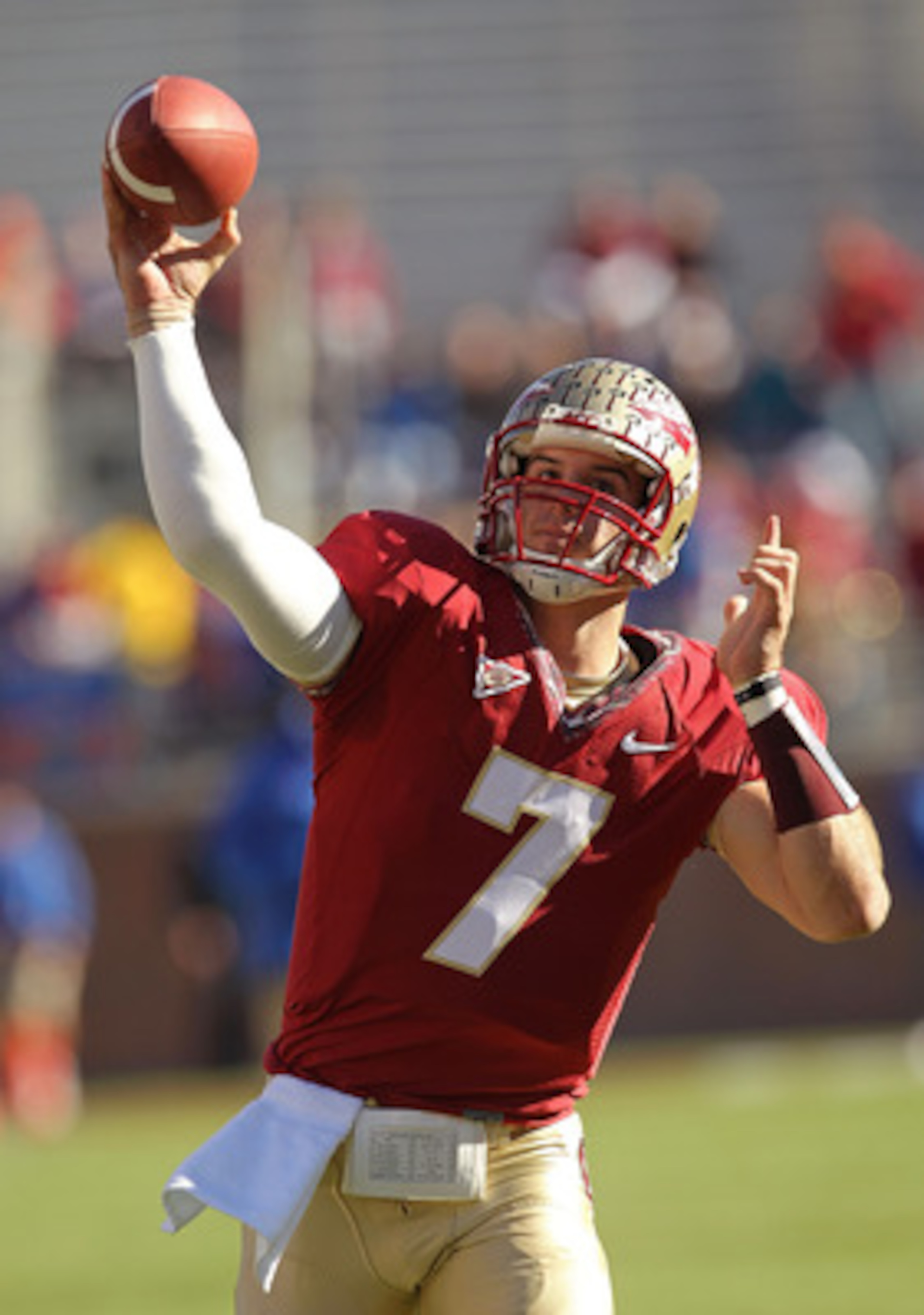 TALLAHASSEE, FL - NOVEMBER 27: Christian Ponder #7 of the Florida State Seminoles warms up before a game against the Florida Gators at Doak Campbell Stadium on November 27, 2010 in Tallahassee, Florida.  (Photo by Mike Ehrmann/Getty Images)