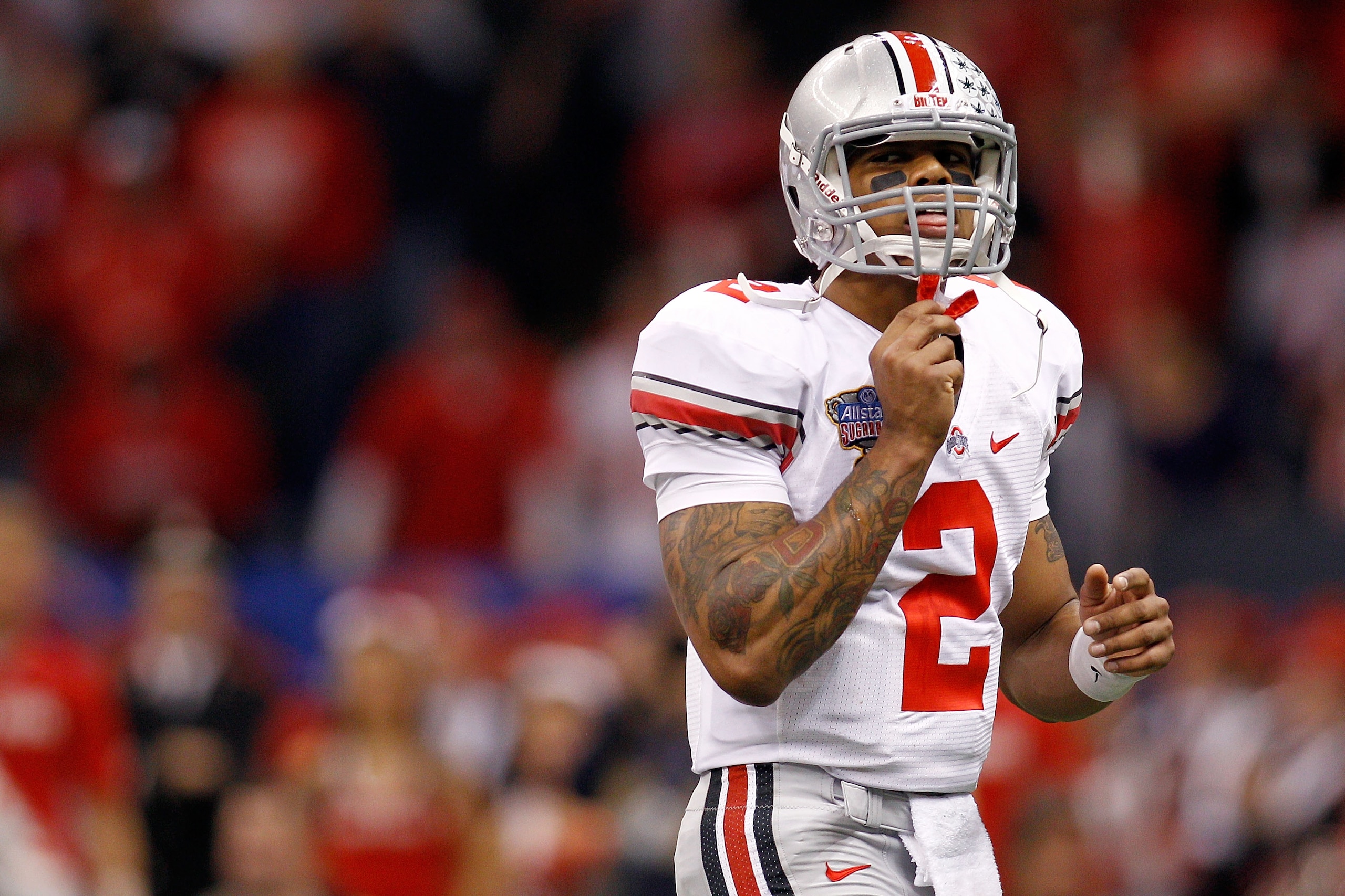 NEW ORLEANS, LA - JANUARY 04:  Terrelle Pryor #2 of the Ohio State Buckeyes looks on in the fourth quarter against the Arkansas Razorbacks during the Allstate Sugar Bowl at the Louisiana Superdome on January 4, 2011 in New Orleans, Louisiana.  (Photo by C