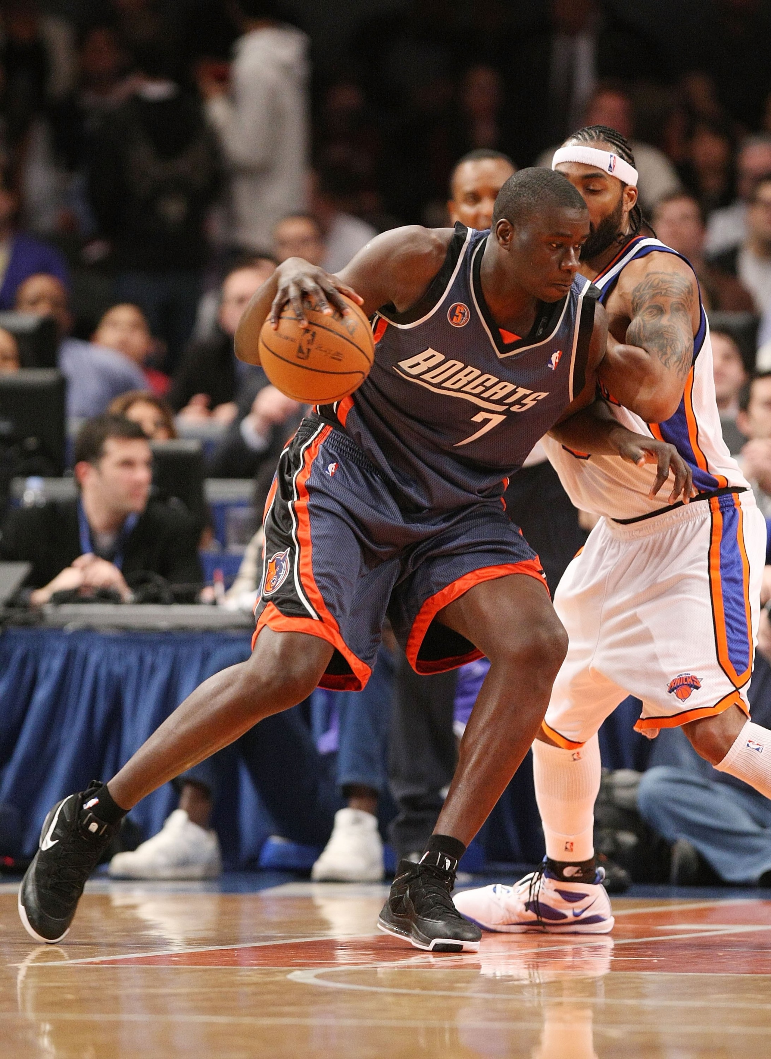 NEW YORK - MARCH 07: DeSagana Diop #7 of the Charlotte Bobcats dribbles the ball against the New York Knicks on March 7, 2009 at Madison Square Garden in New York City. NOTE TO USER: User expressly acknowledges and agrees that, by downloading and or using