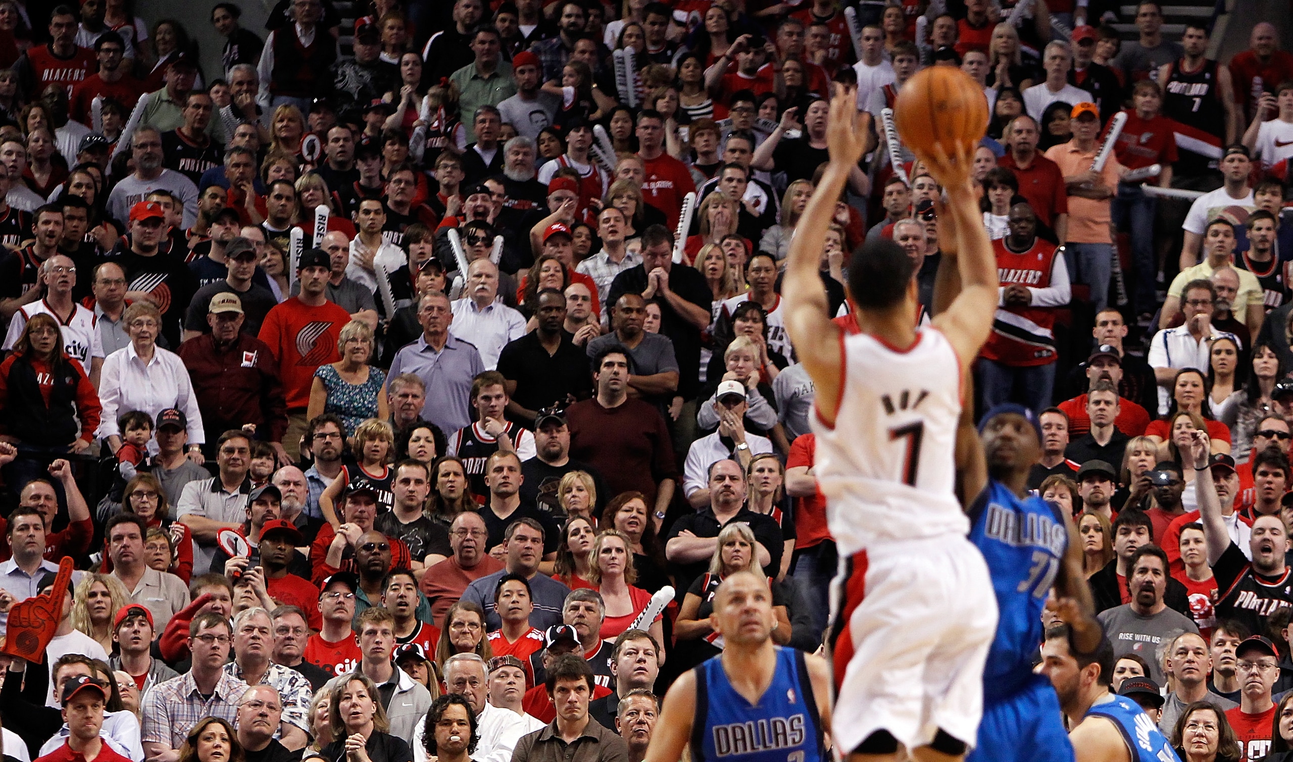 PORTLAND, OR - APRIL 23:  Fans watch as Brandon Roy #7 of the Portland Trail Blazers against the Dallas Mavericks in Game Four of the Western Conference Quarterfinals in the 2011 NBA Playoffs on April 23, 2011 at the Rose Garden in Portland, Oregon. NOTE
