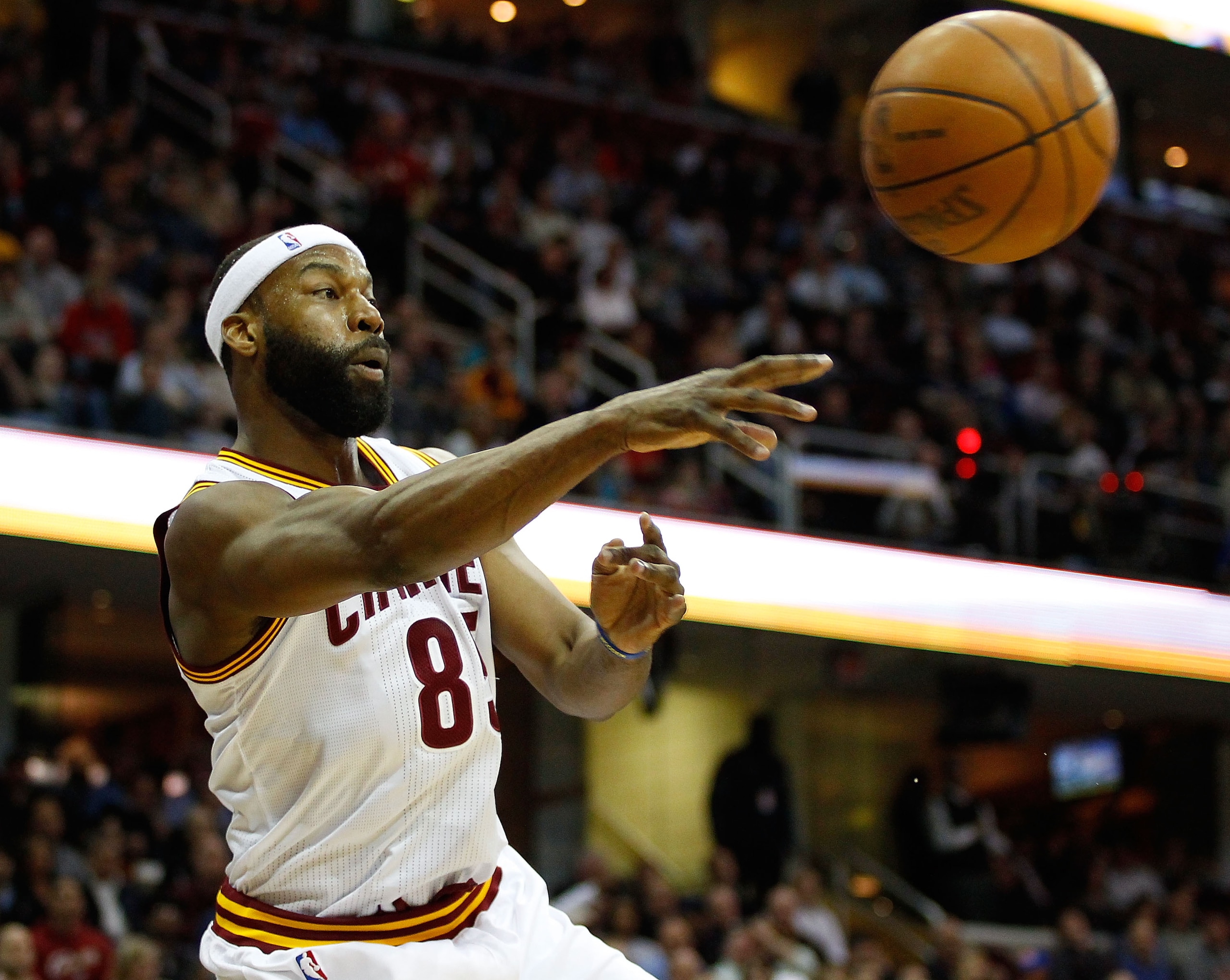 CLEVELAND - MARCH 29: Baron Davis #85 of the Cleveland Cavaliers keeps the ball inbounds during the game against the Miami Heat on March 29, 2011 at Quicken Loans Arena in Cleveland, Ohio. NOTE TO USER: User expressly acknowledges and agrees that, by down