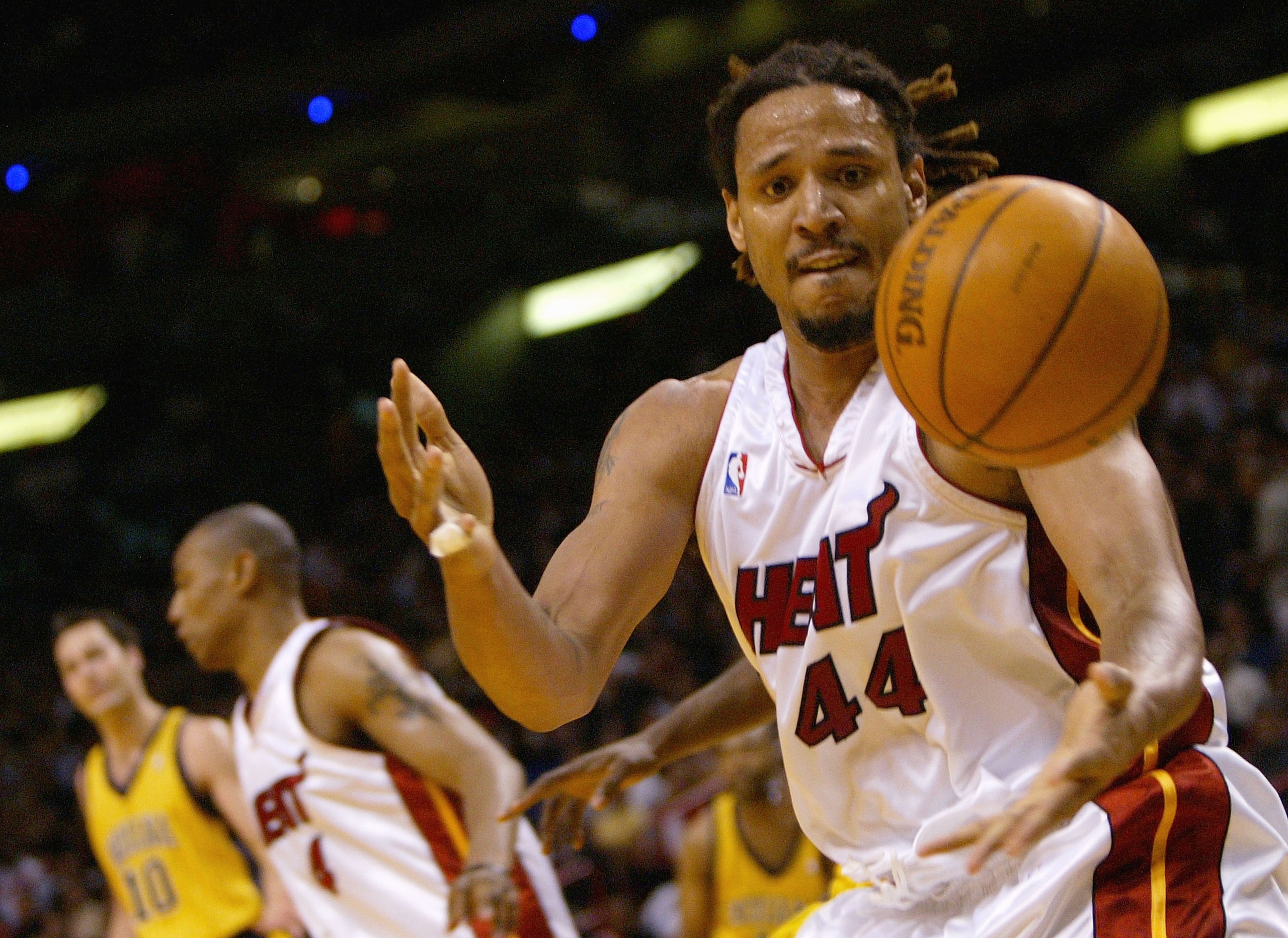 MIAMI - MAY 18:  Brian Grant #44 of the Miami Heat collects the ball after stealing a pass from Jamaal Tinsley of the Indiana Pacers during first half action in game 6 of the Eastern Conference Semifinals during the 2004 NBA Playoffs May 18, 2004 at the A