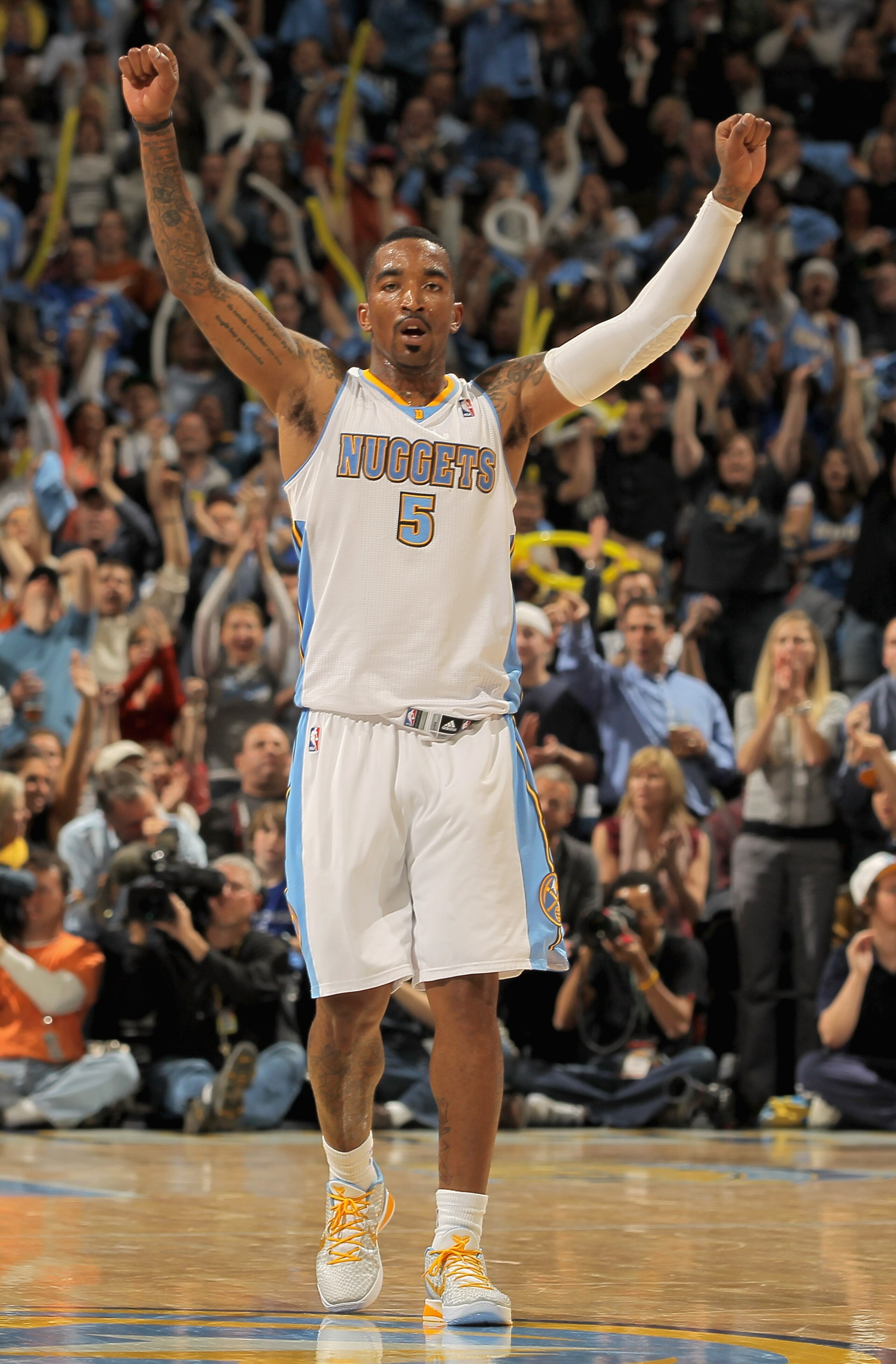 DENVER, CO - APRIL 25:  J.R. Smith #5 of the Denver Nuggets reacts after scoring against the Oklahoma City Thunder in Game Four of the Western Conference Quarterfinals in the 2011 NBA Playoffs on April 24, 2011 at the Pepsi Center in Denver, Colorado. NOT