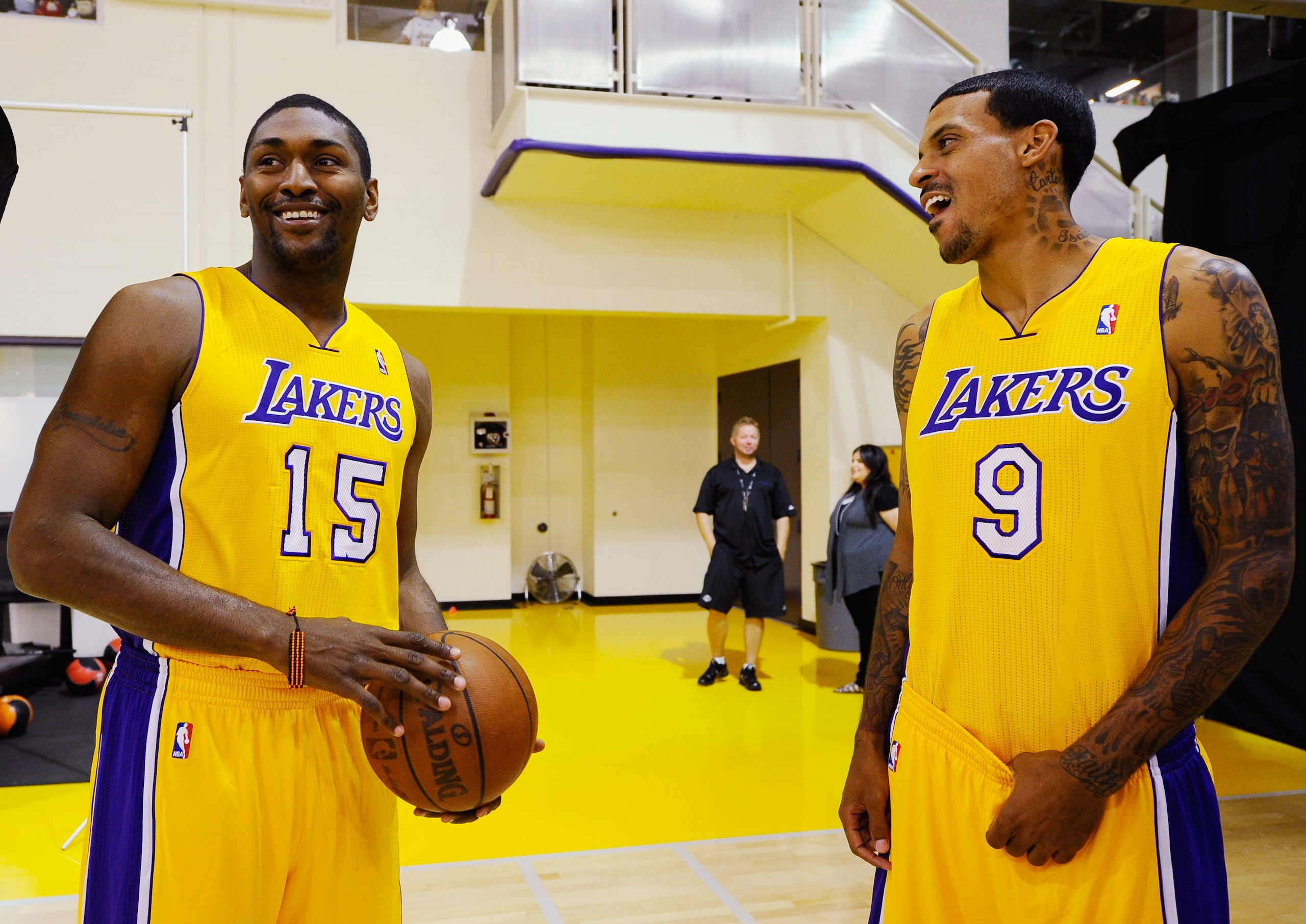 EL SEGUNDO, CA - SEPTEMBER 25: Ron Artest #15 and Matt Barnes #9 of the Los Angeles Lakers talk during Media Day at the Toyota Center on September 25, 2010 in El Segundo, California. NOTE TO USER: User expressly acknowledges and agrees that, by downloadi EL SEGUNDO, CA - SEPTEMBER 25: Ron Artest #15 and Matt Barnes #9 of the Los Angeles Lakers talk during Media Day at the Toyota Center on September 25, 2010 in El Segundo, California. NOTE TO USER: User expressly acknowledges and agrees that, by downloadi
