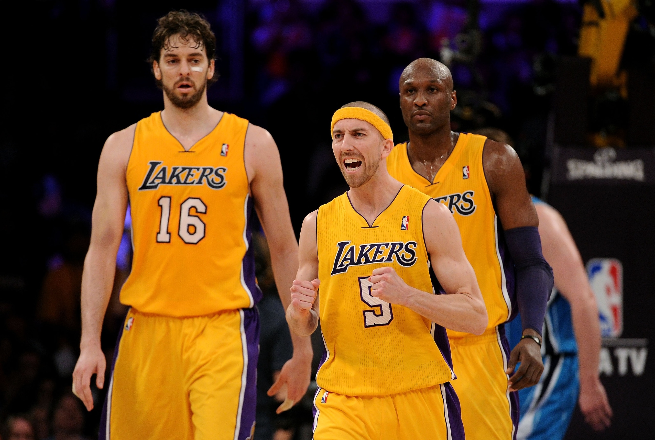 LOS ANGELES, CA - APRIL 20: Steve Blake #5 of the Los Angeles Lakers reacts between teammates Pau Gasol #16 and Lamar Odom #7 while taking on the New Orleans Hornets in Game Two of the Western Conference Quarterfinals in the 2011 NBA Playoffs on April 20 LOS ANGELES, CA - APRIL 20: Steve Blake #5 of the Los Angeles Lakers reacts between teammates Pau Gasol #16 and Lamar Odom #7 while taking on the New Orleans Hornets in Game Two of the Western Conference Quarterfinals in the 2011 NBA Playoffs on April 20