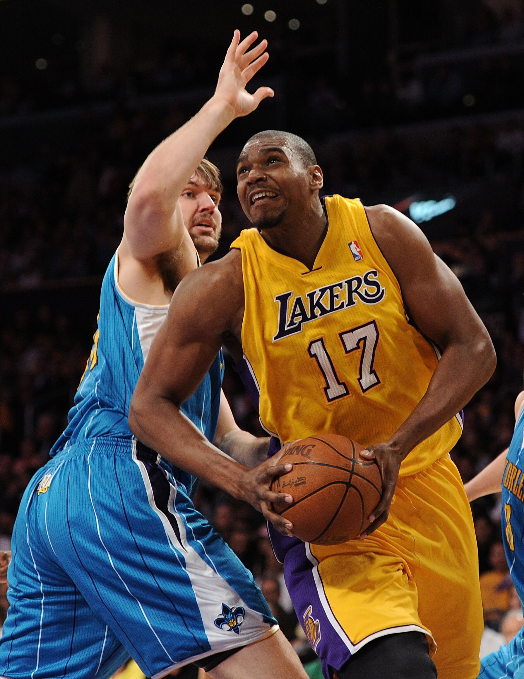 LOS ANGELES, CA - APRIL 20:  Andrew Bynum #17 of the Los Angeles Lakers makes a move on Aaron Gray #34 of the New Orleans Hornets in Game Two of the Western Conference Quarterfinals in the 2011 NBA Playoffs on April 20, 2011 at Staples Center in Los Angel