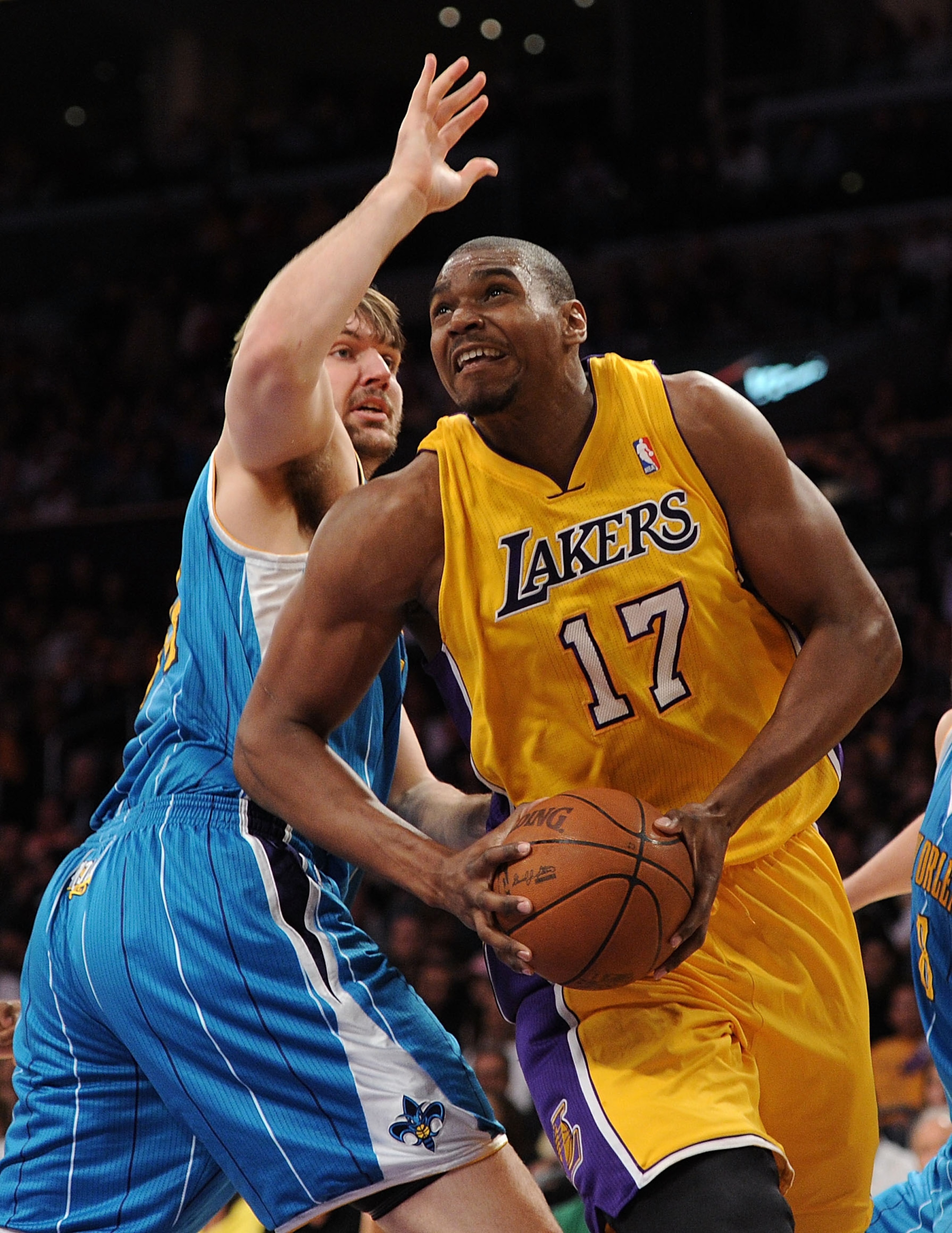 LOS ANGELES, CA - APRIL 20: Andrew Bynum #17 of the Los Angeles Lakers makes a move on Aaron Gray #34 of the New Orleans Hornets in Game Two of the Western Conference Quarterfinals in the 2011 NBA Playoffs on April 20, 2011 at Staples Center in Los Angel LOS ANGELES, CA - APRIL 20: Andrew Bynum #17 of the Los Angeles Lakers makes a move on Aaron Gray #34 of the New Orleans Hornets in Game Two of the Western Conference Quarterfinals in the 2011 NBA Playoffs on April 20, 2011 at Staples Center in Los Angel