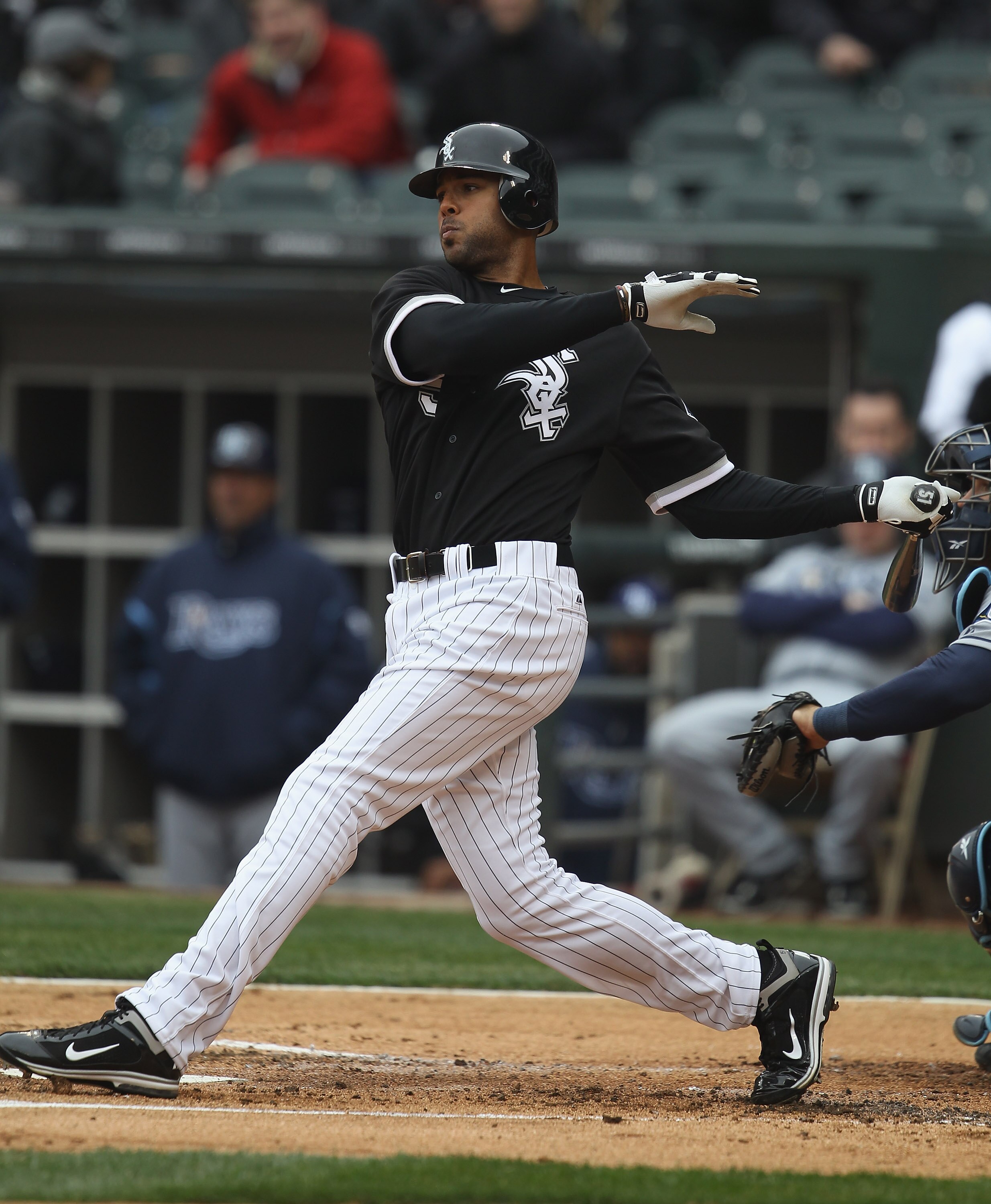 CHICAGO, IL - APRIL 07: Alex Rios #51 of the Chicago White Sox hits the ball against the Tampa Bay Rays during the home opener at U.S. Cellular Field on April 7, 2011 in Chicago, Illinois. The White Sox defeated the Rays 5-1. (Photo by Jonathan Daniel/Get