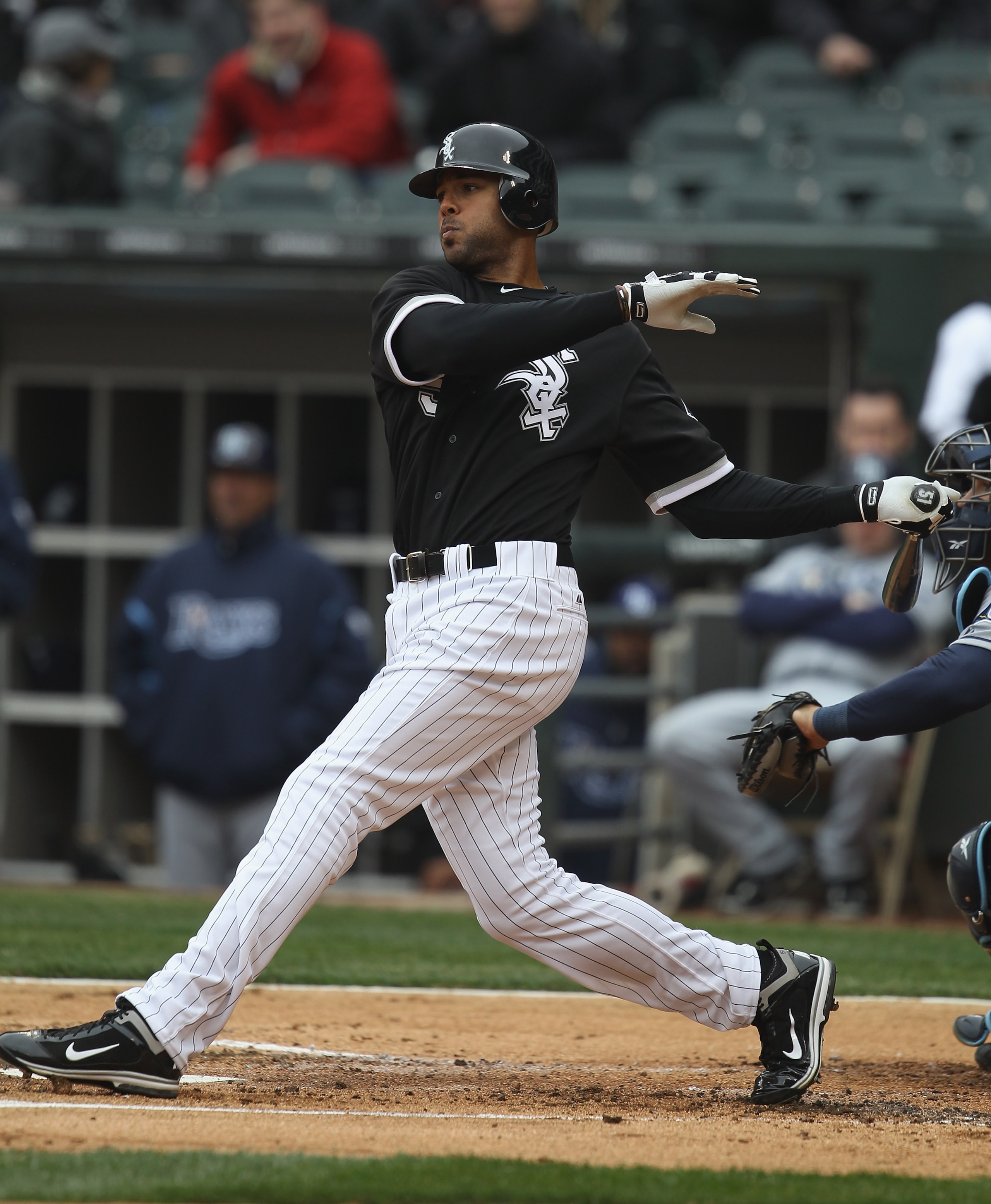 CHICAGO, IL - APRIL 07: Alex Rios #51 of the Chicago White Sox hits the ball against the Tampa Bay Rays during the home opener at U.S. Cellular Field on April 7, 2011 in Chicago, Illinois. The White Sox defeated the Rays 5-1. (Photo by Jonathan Daniel/Get