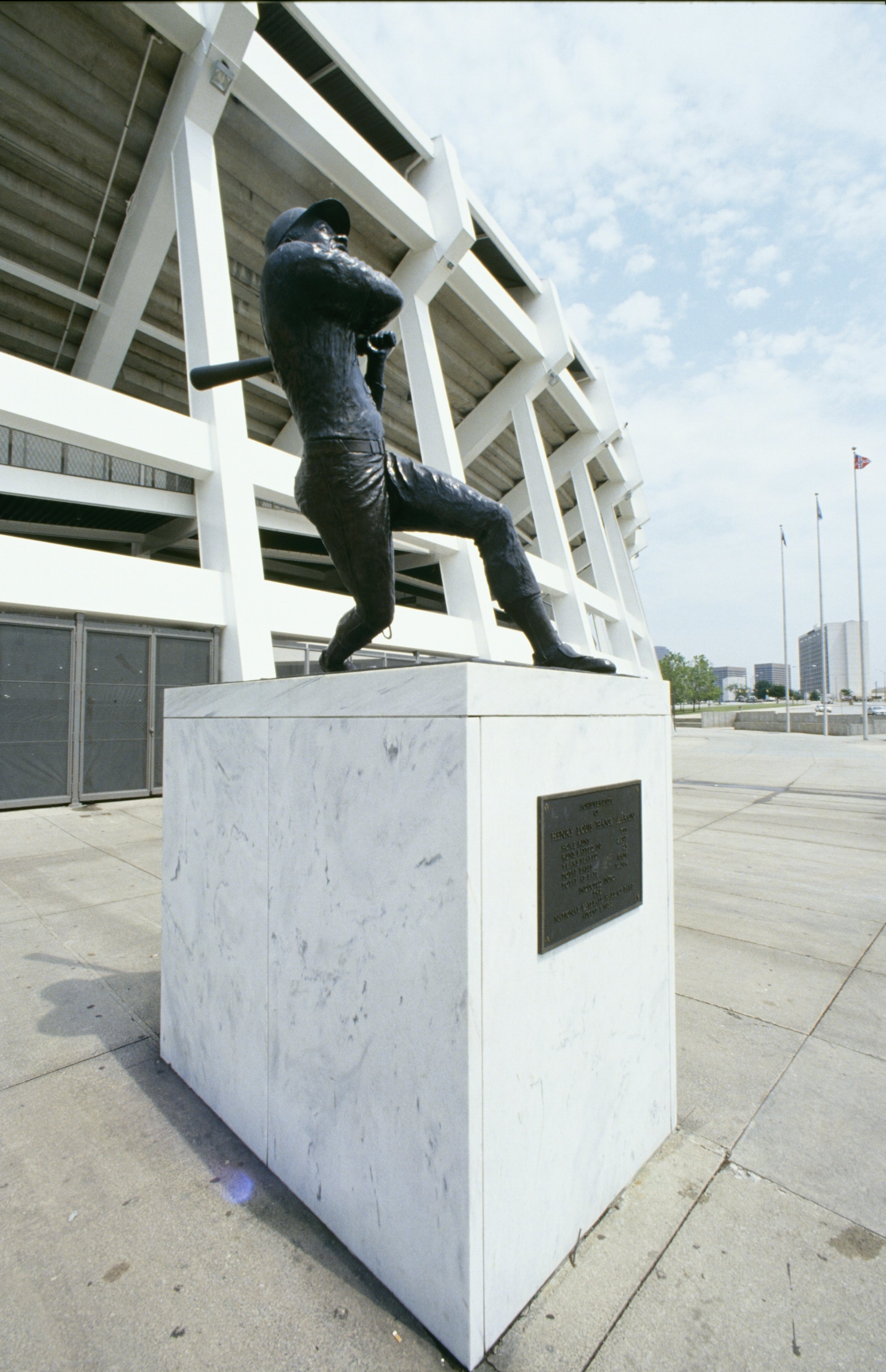 ATLANTA, GA - 1989: A general view of Hank Aaron statue taken outside the Fulton County Stadium in 1989 in Atlanta, Georgia. ( Photo by: Getty Images)