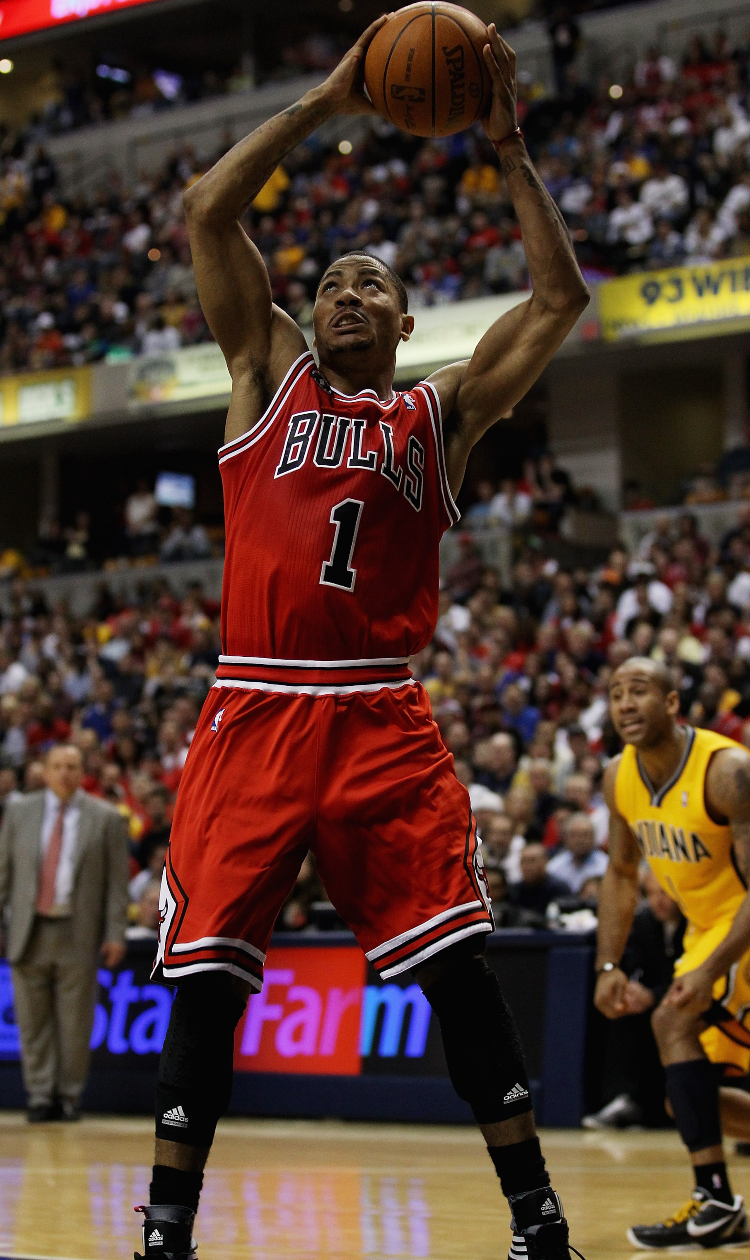 INDIANAPOLIS, IN - APRIL 23: Derrick Rose #1 of the Chicago Bulls goes up for a dunk against the Indiana Pacers in Game Four of the Eastern Conference Quarterfinals in the 2011 NBA Playoffs at Conseco Fieldhouse on April 23, 2011 in Indianapolis, Indiana. INDIANAPOLIS, IN - APRIL 23: Derrick Rose #1 of the Chicago Bulls goes up for a dunk against the Indiana Pacers in Game Four of the Eastern Conference Quarterfinals in the 2011 NBA Playoffs at Conseco Fieldhouse on April 23, 2011 in Indianapolis, Indiana.