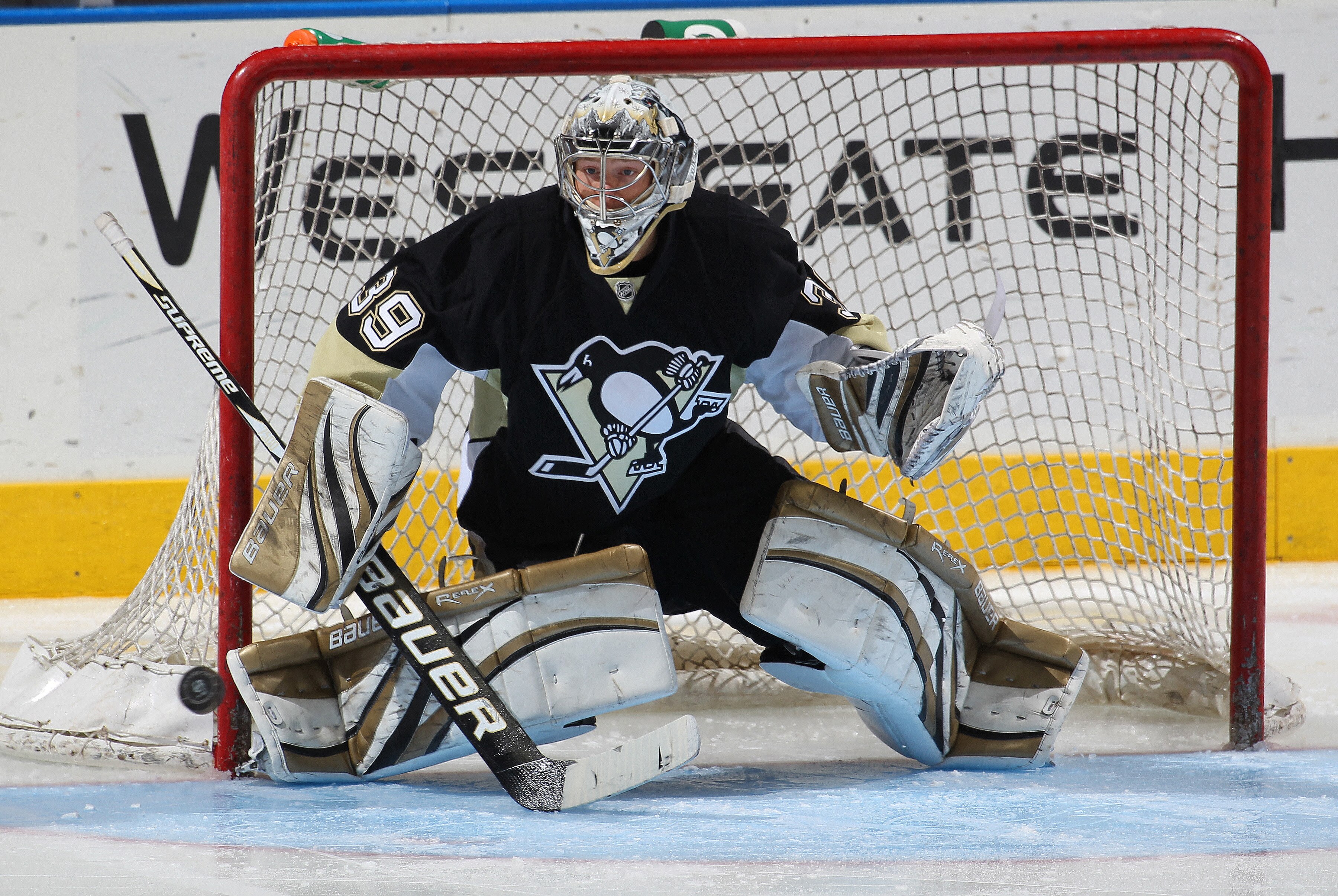 LONDON,ON - SEPTEMBER 12:  Brad Thiessen #39 of the Pittsburgh Penguins gets set to stop a shot in a game against the Toronto Maple leafs during the NHL Rookie Tournament on September 12,2010 at the John Labatt Centre in London, Ontario, Canada. The Pengu