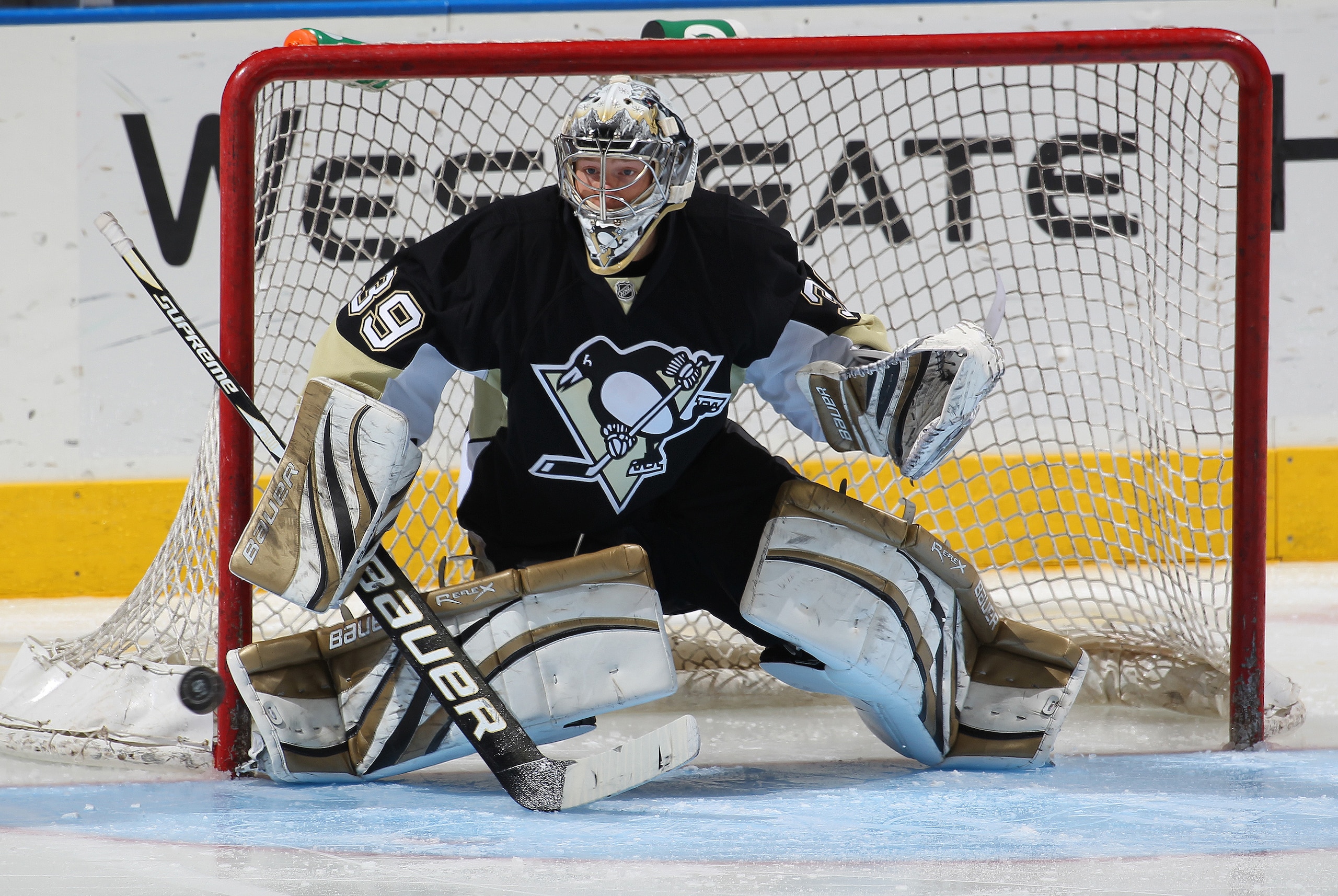 LONDON,ON - SEPTEMBER 12:  Brad Thiessen #39 of the Pittsburgh Penguins gets set to stop a shot in a game against the Toronto Maple leafs during the NHL Rookie Tournament on September 12,2010 at the John Labatt Centre in London, Ontario, Canada. The Pengu