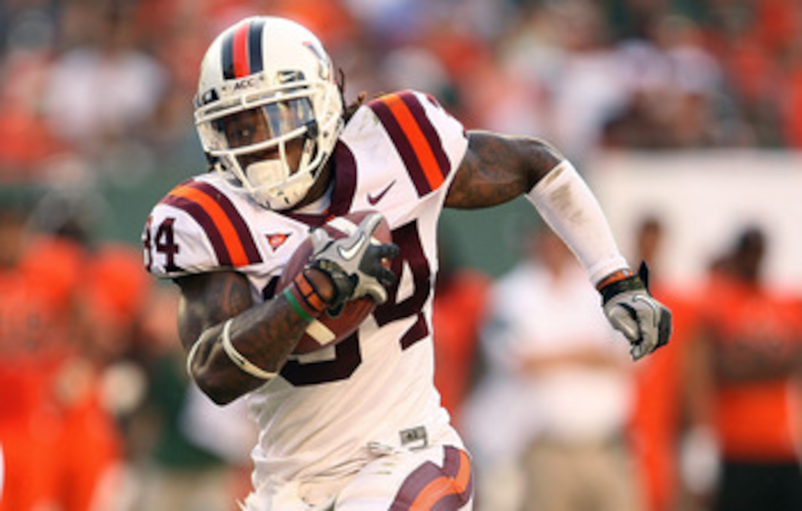 MIAMI - NOVEMBER 20: Ryan Williams #34 of the Virginia Tech Hokies runs with the ball during a game against the Miami Hurricanes at Sun Life Stadium on November 20, 2010 in Miami, Florida. (Photo by Mike Ehrmann/Getty Images) MIAMI - NOVEMBER 20: Ryan Williams #34 of the Virginia Tech Hokies runs with the ball during a game against the Miami Hurricanes at Sun Life Stadium on November 20, 2010 in Miami, Florida. (Photo by Mike Ehrmann/Getty Images)