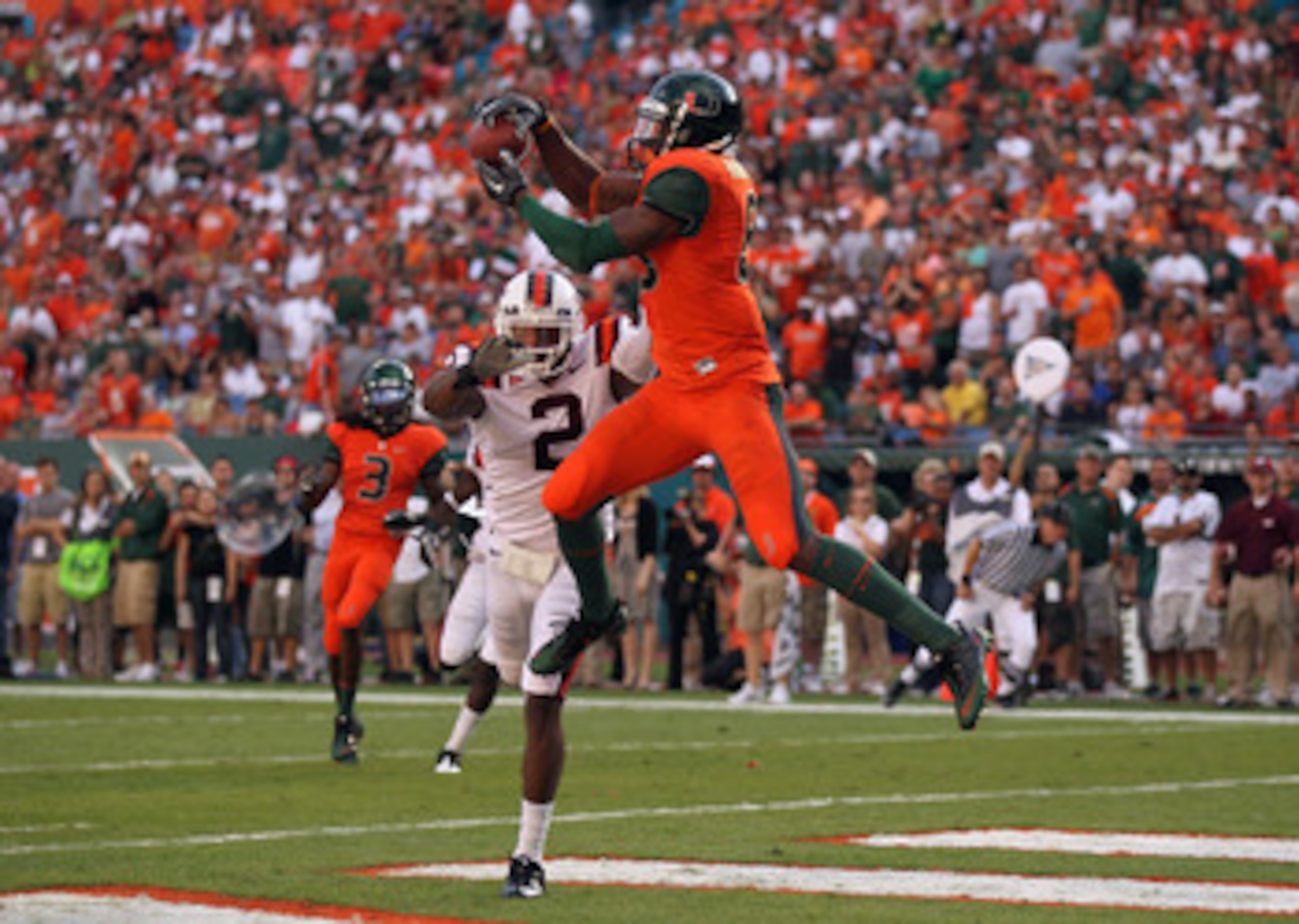 MIAMI - NOVEMBER 20: Leonard Hankerson #85 of the Miami Hurricanes catches a touchdown over Davon Morgan #2 of the Virginia Tech Hokies at Sun Life Stadium on November 20, 2010 in Miami, Florida. (Photo by Mike Ehrmann/Getty Images) MIAMI - NOVEMBER 20: Leonard Hankerson #85 of the Miami Hurricanes catches a touchdown over Davon Morgan #2 of the Virginia Tech Hokies at Sun Life Stadium on November 20, 2010 in Miami, Florida. (Photo by Mike Ehrmann/Getty Images)