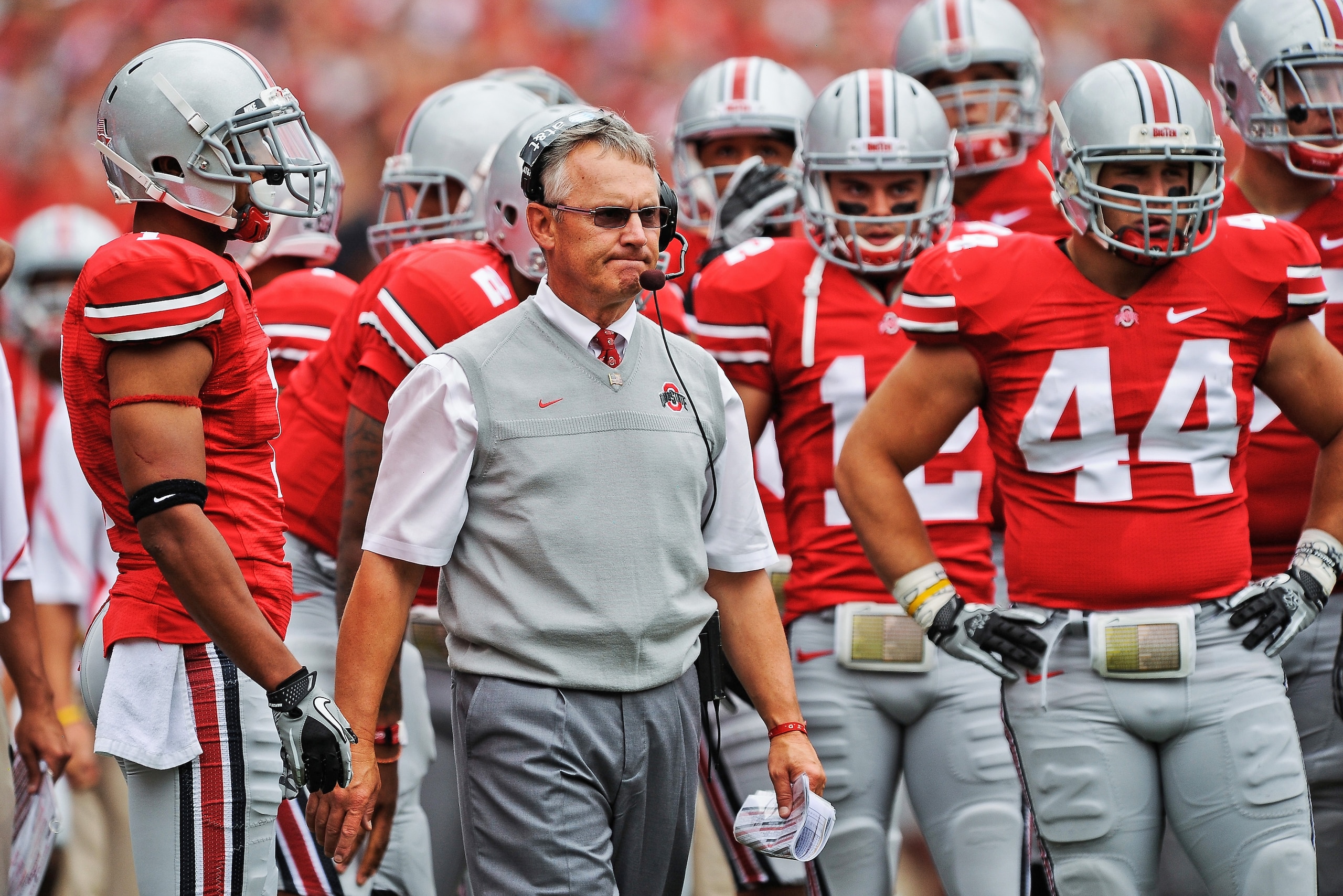COLUMBUS, OH - SEPTEMBER 11:  Head Coach Jim Tressel of the Ohio State Buckeyes watches his team play against the Miami Hurricanes at Ohio Stadium on September 11, 2010 in Columbus, Ohio.  (Photo by Jamie Sabau/Getty Images)