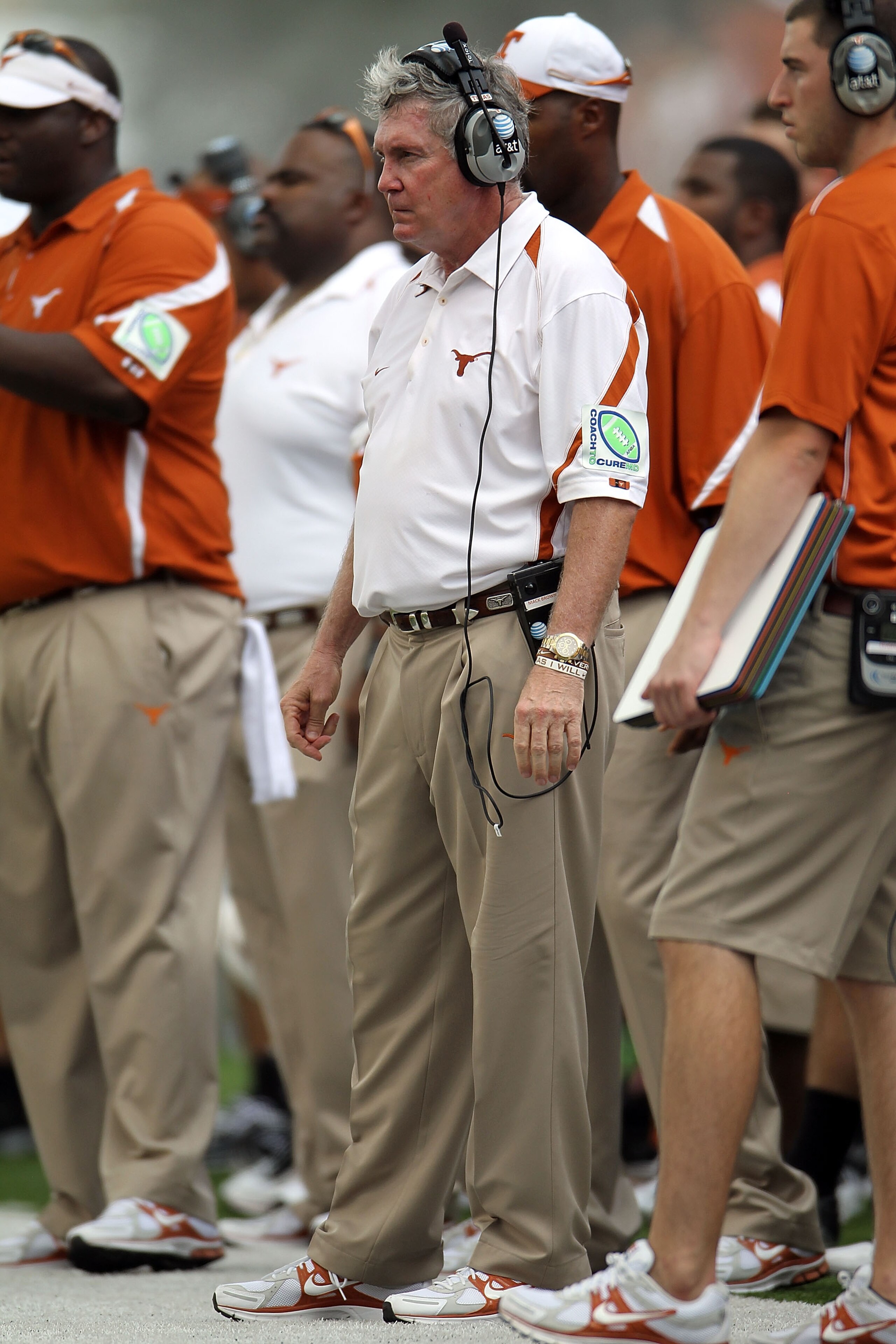 AUSTIN, TX - SEPTEMBER 25:  Head coach Mack Brown of the Texas Longhorns during a game against the UCLA Bruins at Darrell K Royal-Texas Memorial Stadium on September 25, 2010 in Austin, Texas.  (Photo by Ronald Martinez/Getty Images)