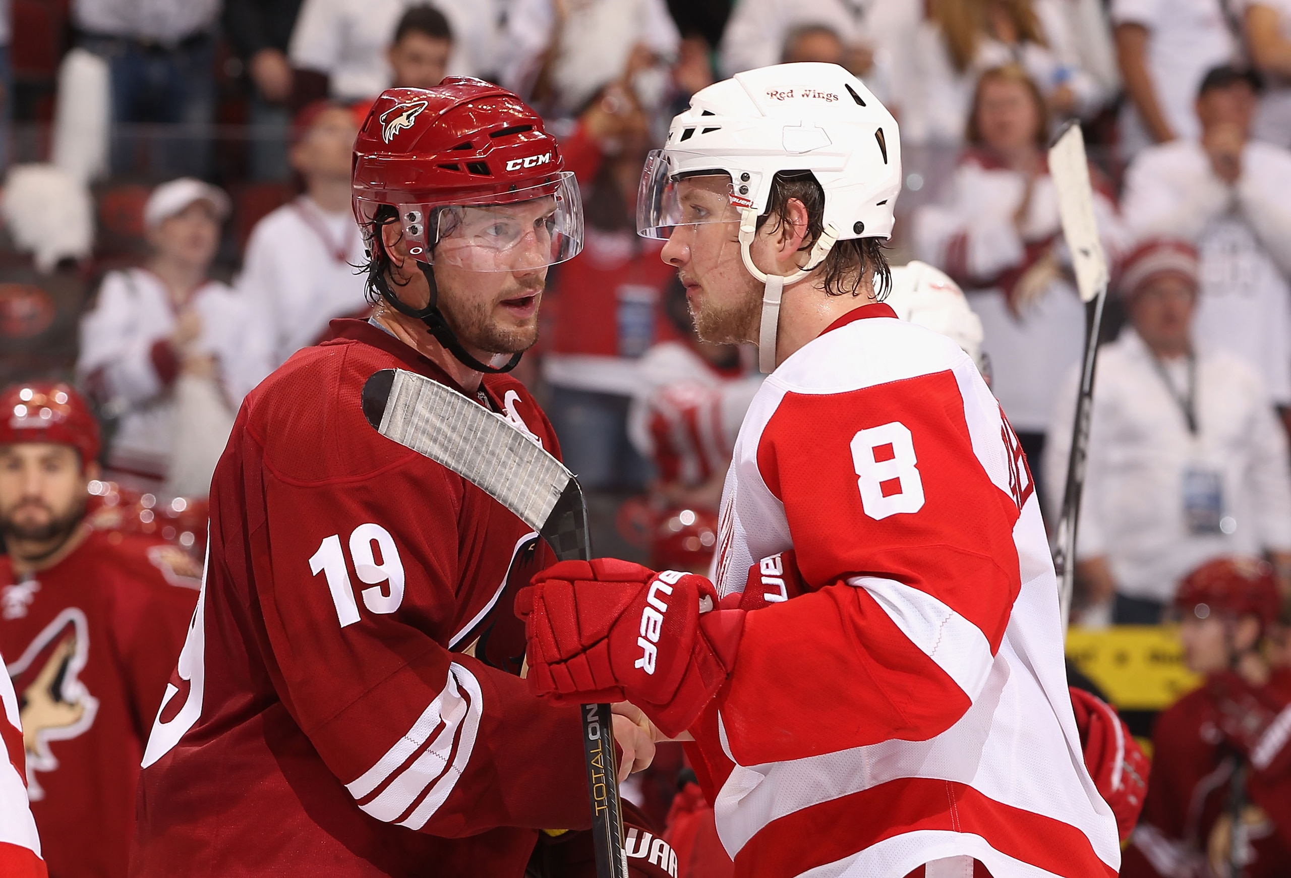 GLENDALE, AZ - APRIL 20: Shane Doan #19 of the Phoenix Coyotes and Justin Abdelkader #8 of the Detroit Red Wings shake hands following Game Four of the Western Conference Quarterfinals during the 2011 NHL Stanley Cup Playoffs at Jobing.com Arena on April GLENDALE, AZ - APRIL 20: Shane Doan #19 of the Phoenix Coyotes and Justin Abdelkader #8 of the Detroit Red Wings shake hands following Game Four of the Western Conference Quarterfinals during the 2011 NHL Stanley Cup Playoffs at Jobing.com Arena on April