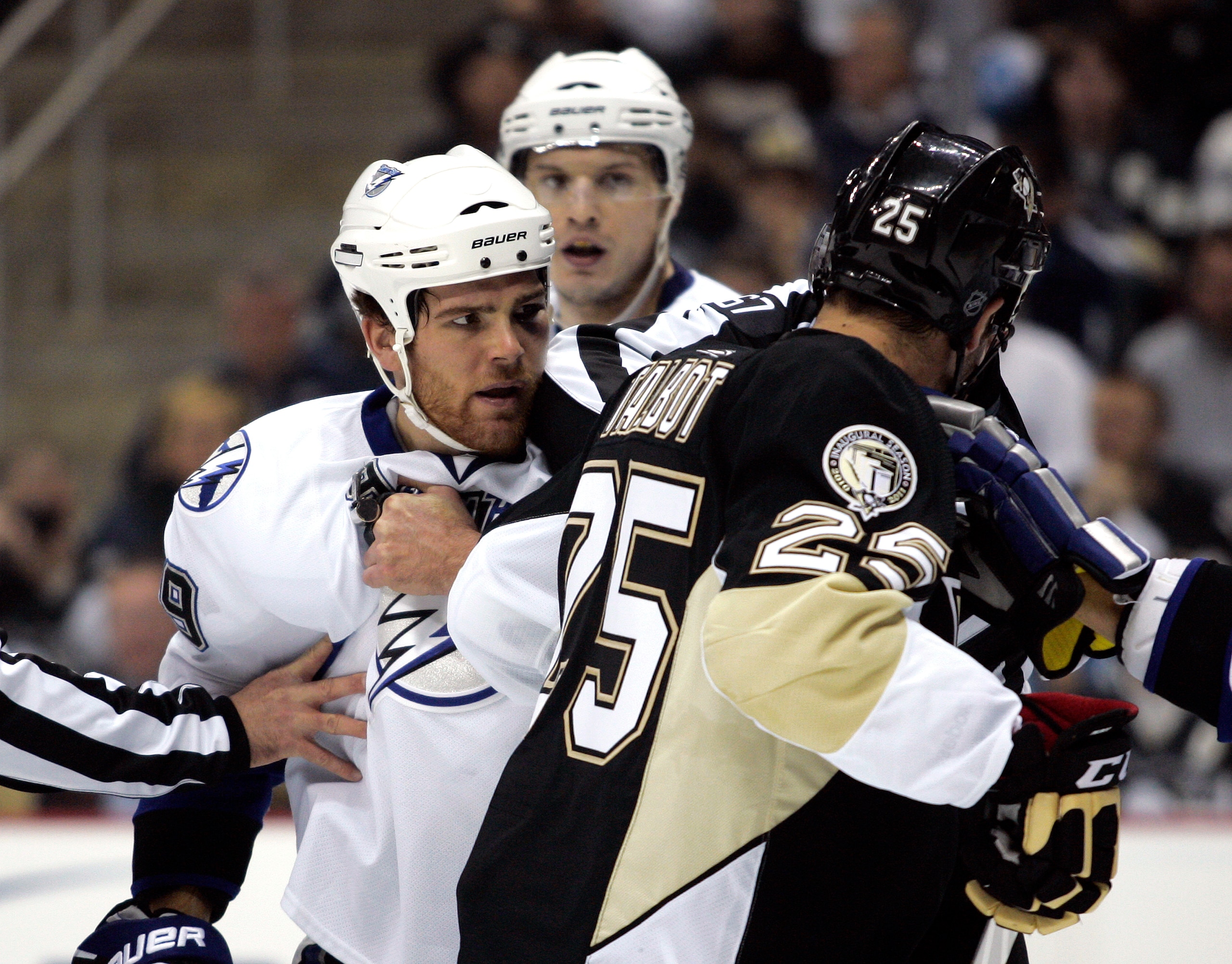 PITTSBURGH, PA - JANUARY 05: Steve Downie #9 of the Tampa Bay Lightning gets in the face of Maxime Talbot #25 of the Pittsburgh Penguins on January 5, 2011 at Consol Energy Center in Pittsburgh, Pennsylvania. (Photo by Justin K. Aller/Getty Images) PITTSBURGH, PA - JANUARY 05: Steve Downie #9 of the Tampa Bay Lightning gets in the face of Maxime Talbot #25 of the Pittsburgh Penguins on January 5, 2011 at Consol Energy Center in Pittsburgh, Pennsylvania. (Photo by Justin K. Aller/Getty Images)