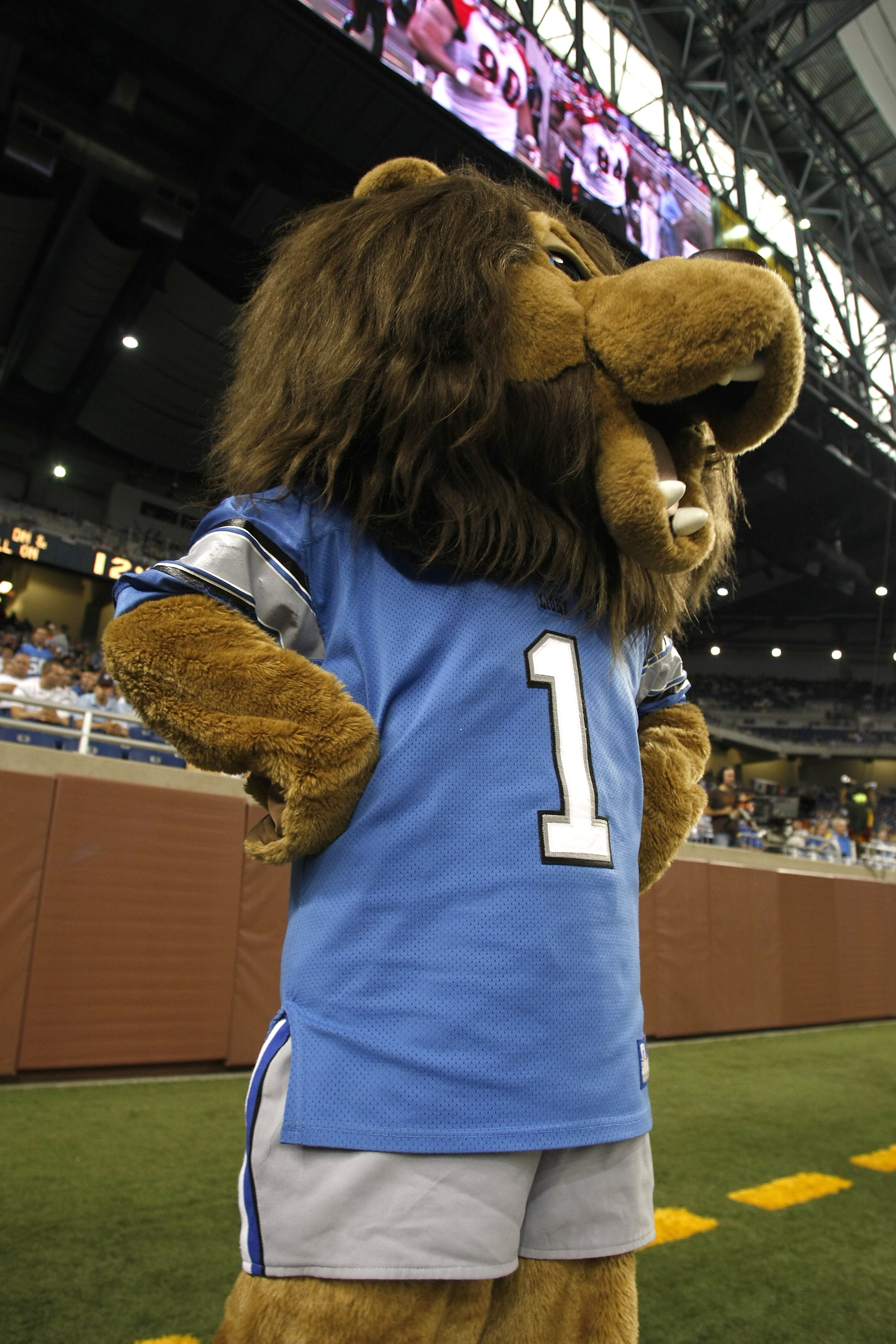 DETROIT, MI - AUGUST 9:  The Detroit Lions mascot is on the sidelines during the game between the  Cincinnati Bengals against the Detroit Lions at Ford Field on August 9, 2007 in Detroit, Michigan. The Lions defeated the Bengals 27-26.  (Photo by Scott Bo