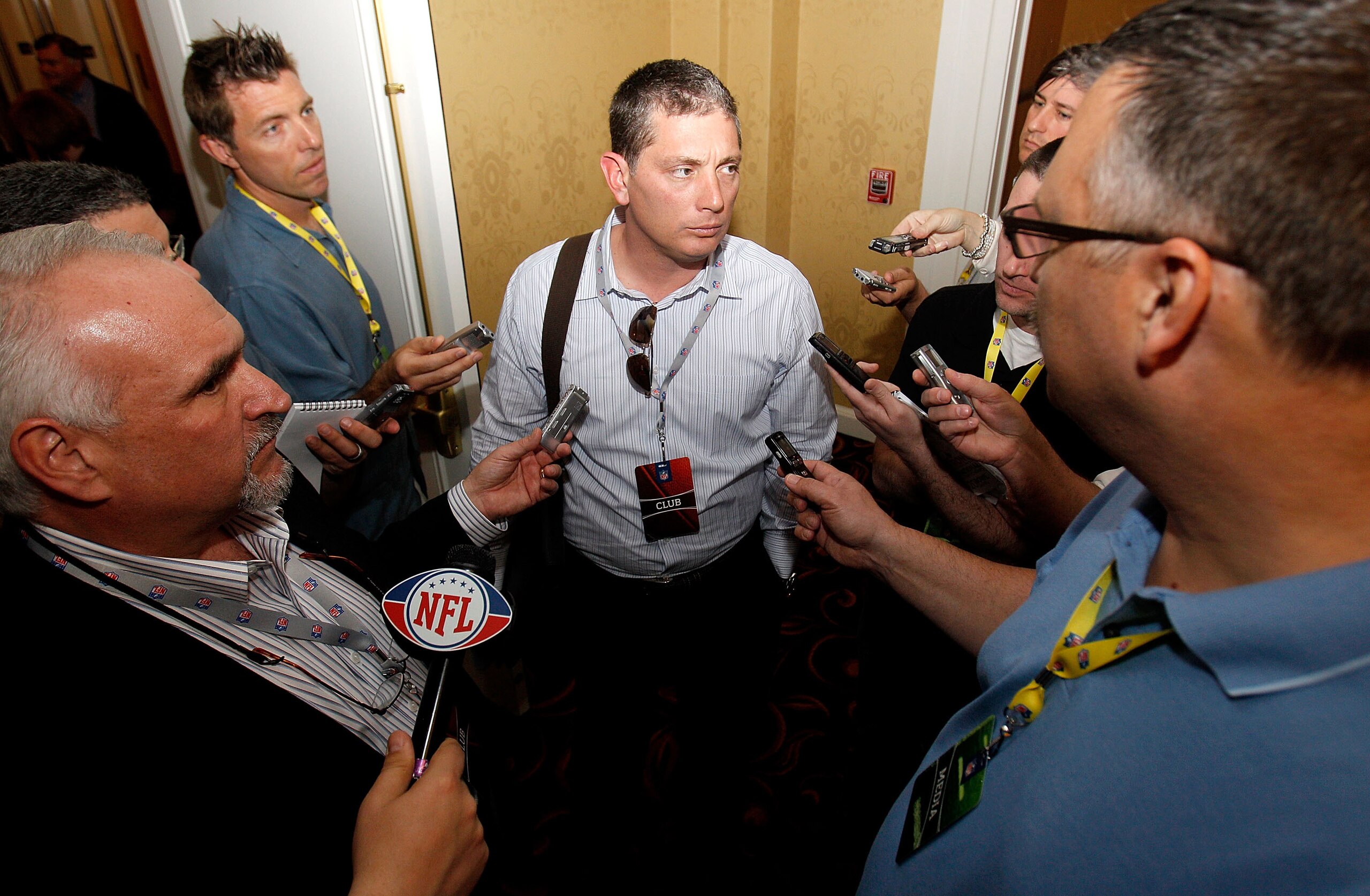 NEW ORLEANS, LA - MARCH 21:  Detroit Lions head coach Jim Schwartz anwers questions from the media while attending the NFL Annual Meetings at the Roosevelt Hotel on March 21, 2011 in New Orleans, Louisiana. Despite a NFL owners imposed lockout in effect s