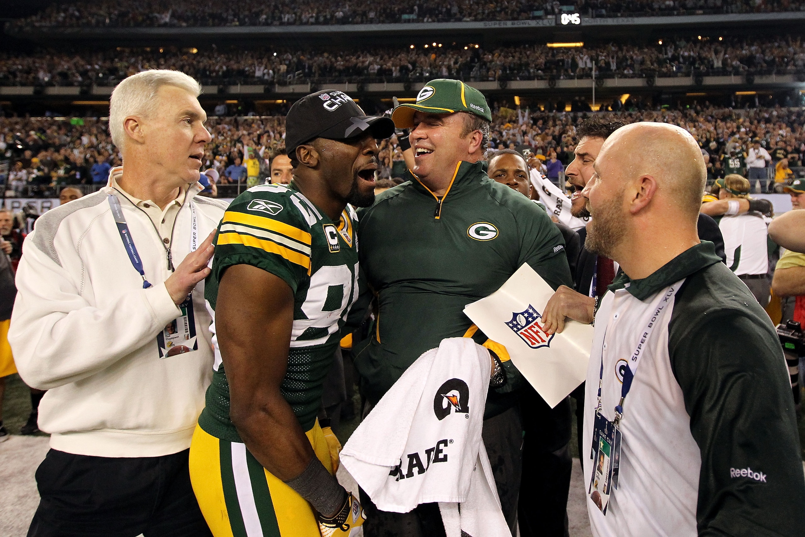 ARLINGTON, TX - FEBRUARY 06: (L-R) General Manager Ted Thompson, Greg Jennings #85 and head coach Mike McCarthy of the Green Bay Packers celebrate their 31-25 win against the Pittsburgh Steelers during Super Bowl XLV at Cowboys Stadium on February 6, 201 ARLINGTON, TX - FEBRUARY 06: (L-R) General Manager Ted Thompson, Greg Jennings #85 and head coach Mike McCarthy of the Green Bay Packers celebrate their 31-25 win against the Pittsburgh Steelers during Super Bowl XLV at Cowboys Stadium on February 6, 201