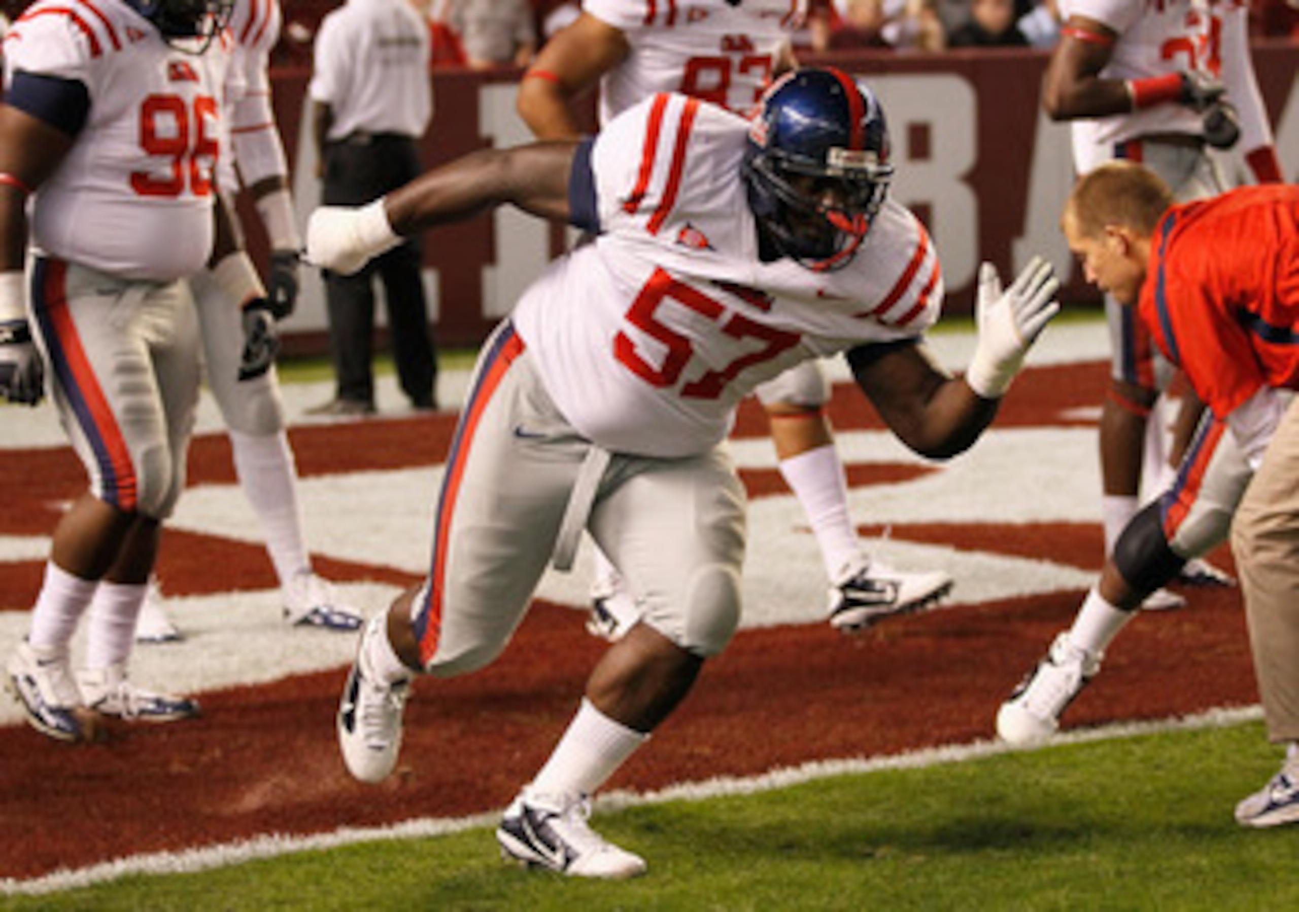 TUSCALOOSA, AL - OCTOBER 16: Jerrell Powe #57 of the Ole Miss Rebels against the Alabama Crimson Tide at Bryant-Denny Stadium on October 16, 2010 in Tuscaloosa, Alabama. (Photo by Kevin C. Cox/Getty Images) TUSCALOOSA, AL - OCTOBER 16: Jerrell Powe #57 of the Ole Miss Rebels against the Alabama Crimson Tide at Bryant-Denny Stadium on October 16, 2010 in Tuscaloosa, Alabama. (Photo by Kevin C. Cox/Getty Images)