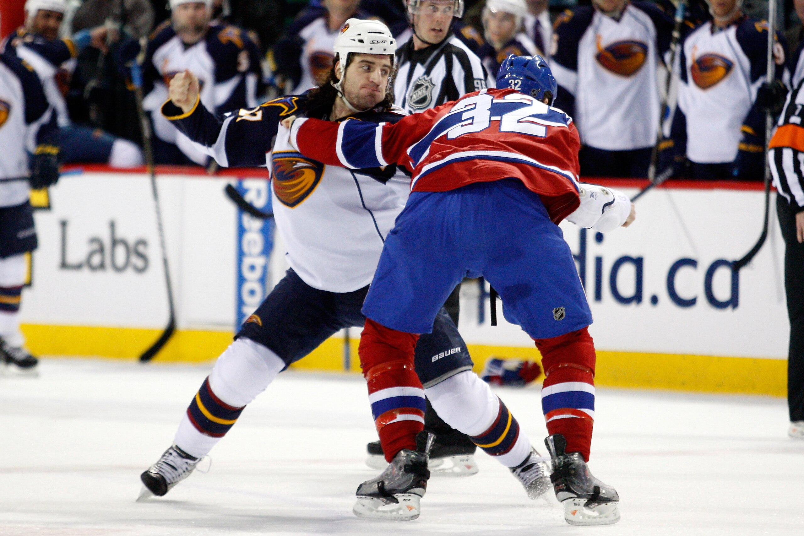 MONTREAL, CANADA - MARCH 29: Chris Thorburn #27 of the Atlanta Thrashers and Travis Moen #32 of the Montreal Canadiens fight during the NHL game at the Bell Centre on March 29, 2011 in Montreal, Quebec, Canada. (Photo by Richard Wolowicz/Getty Images) MONTREAL, CANADA - MARCH 29: Chris Thorburn #27 of the Atlanta Thrashers and Travis Moen #32 of the Montreal Canadiens fight during the NHL game at the Bell Centre on March 29, 2011 in Montreal, Quebec, Canada. (Photo by Richard Wolowicz/Getty Images)