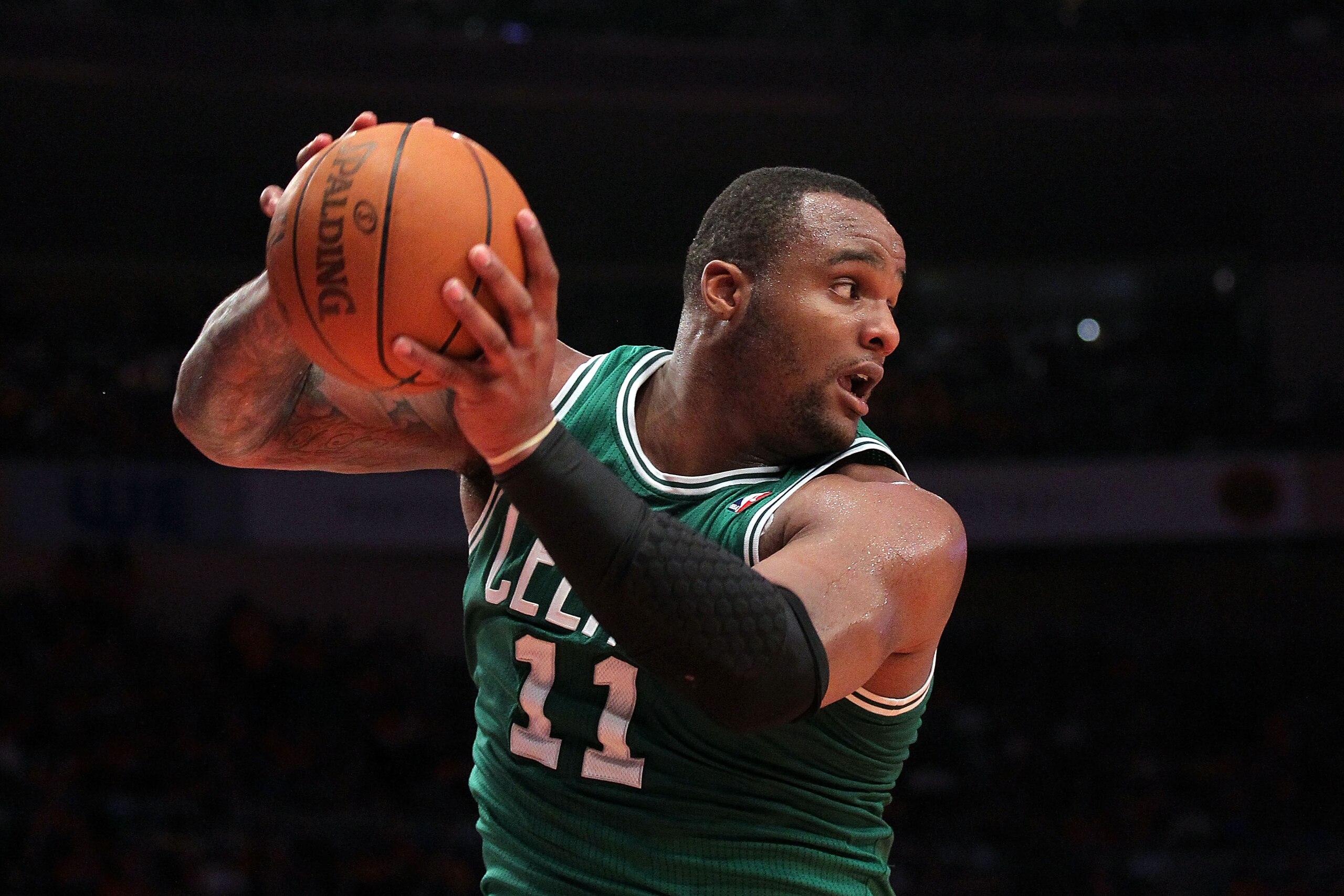 NEW YORK, NY - APRIL 24:  Glen Davis #11 of the Boston Celtics controls a rebound against the New York Knicks in Game Four of the Eastern Conference Quarterfinals during the 2011 NBA Playoffs on April 24, 2011 at Madison Square Garden in New York City. Th