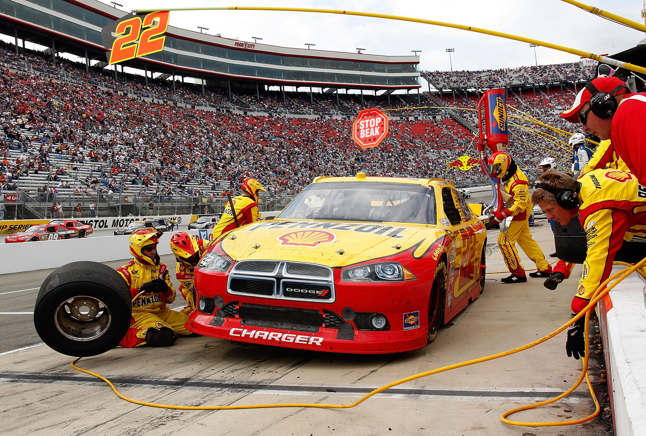 BRISTOL, TN - MARCH 20: Kurt Busch, driver of the #22 Shell/Pennzoil Dodge, pits during the NASCAR Sprint Cup Series Jeff Byrd 500 Presented By Food City at Bristol Motor Speedway on March 20, 2011 in Bristol, Tennessee.  (Photo by Geoff Burke/Getty Image